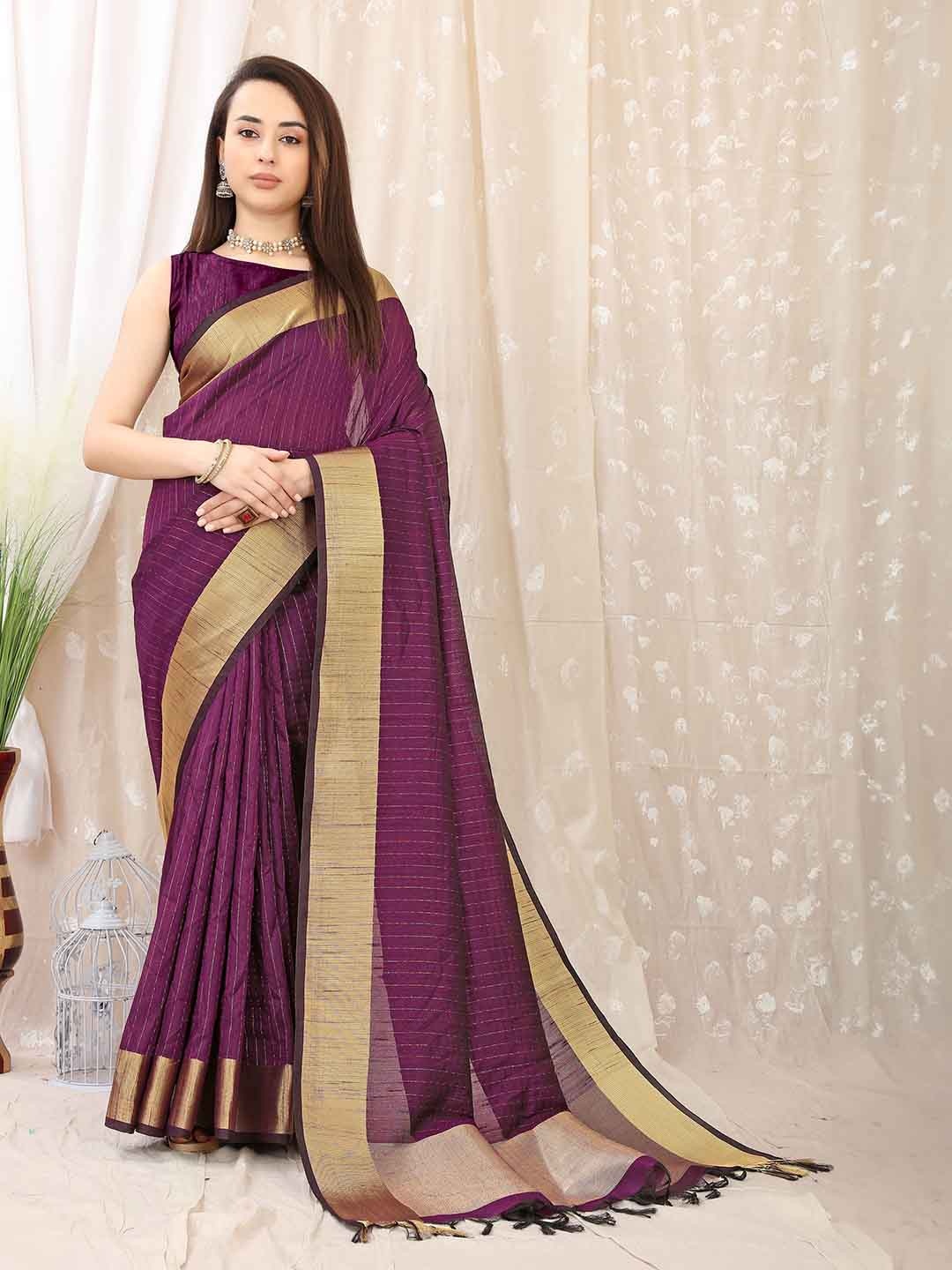 

V3 FASHION STUDIO Woven Design Zari Pure Silk Banarasi Saree With Tassels, Purple