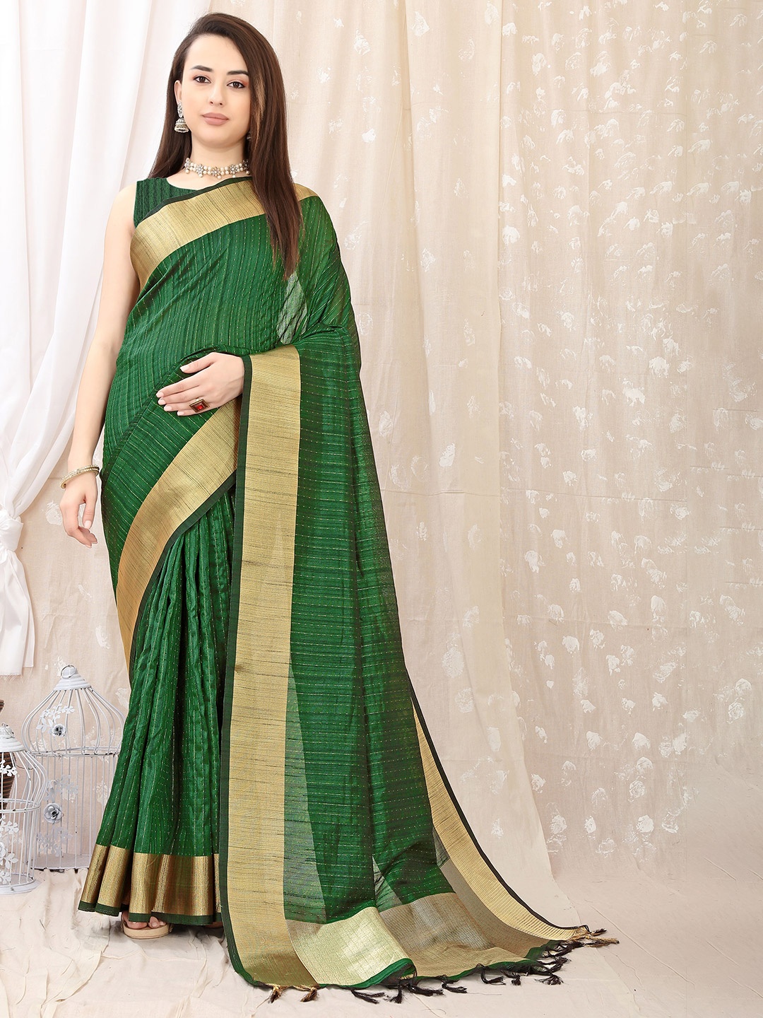 

V3 FASHION STUDIO Striped Woven Design Zari Pure Silk Banarasi Saree With Tassels, Green