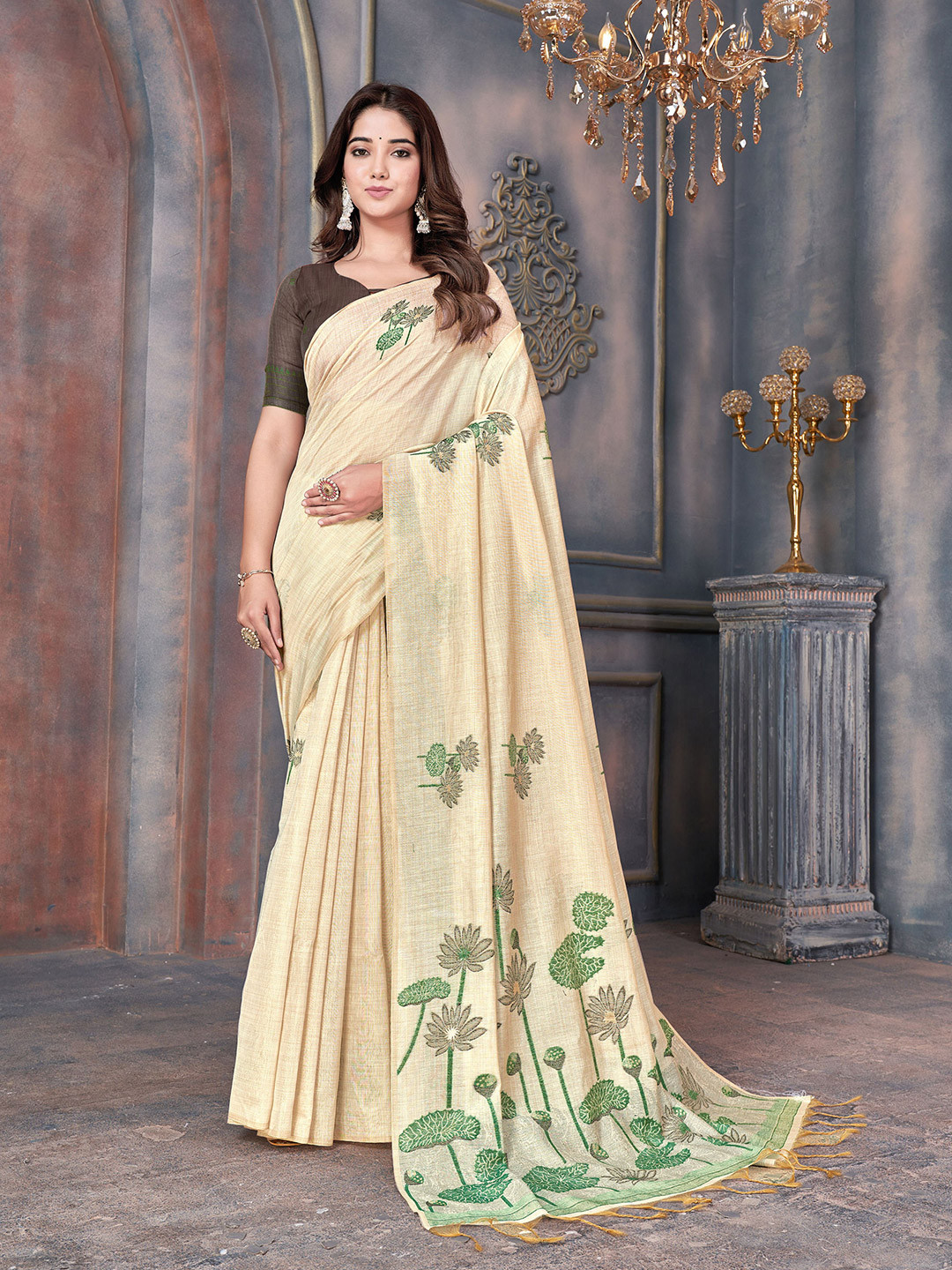 

V3 FASHION STUDIO Woven Design Floral Printed Pure Cotton Banarasi Saree With Tassels, Cream