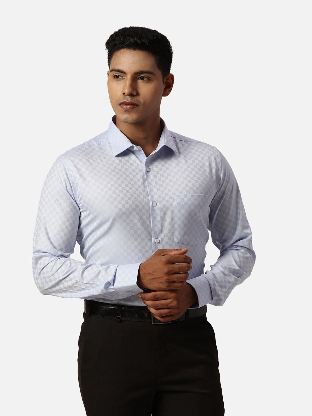 

Park Avenue Self Design Spread Collar Long Sleeves Slim Fit Formal Shirt, Blue