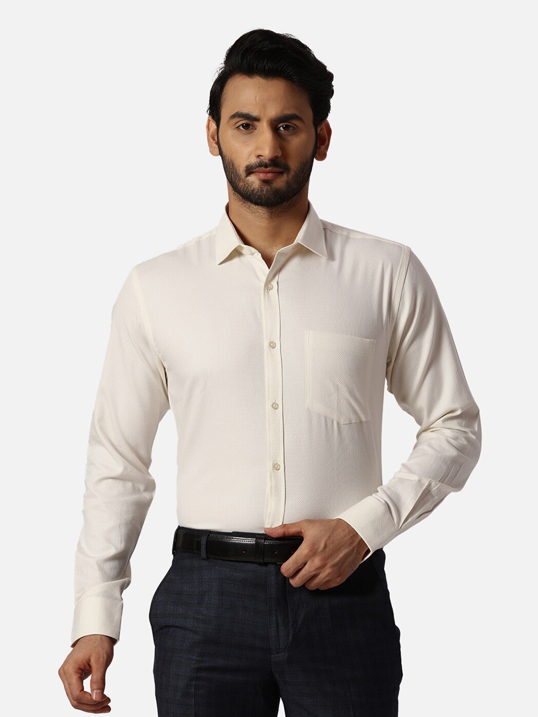 

Park Avenue Self Design Spread Collar Slim Fit Cotton Formal Shirt, Yellow