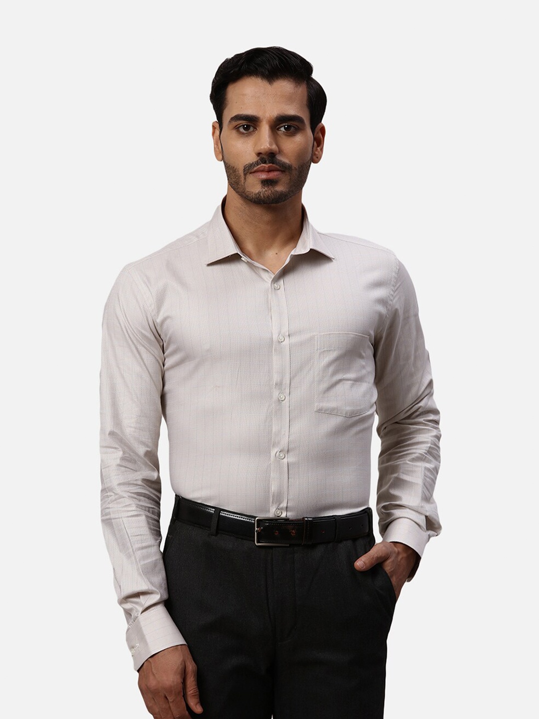 

Park Avenue Spread Collar Long Sleeves Slim Fit Striped Cotton Formal Shirt, Beige