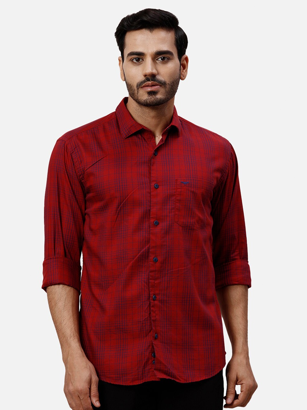 

Park Avenue Checked Spread Collar Slim Fit Casual Shirt, Red