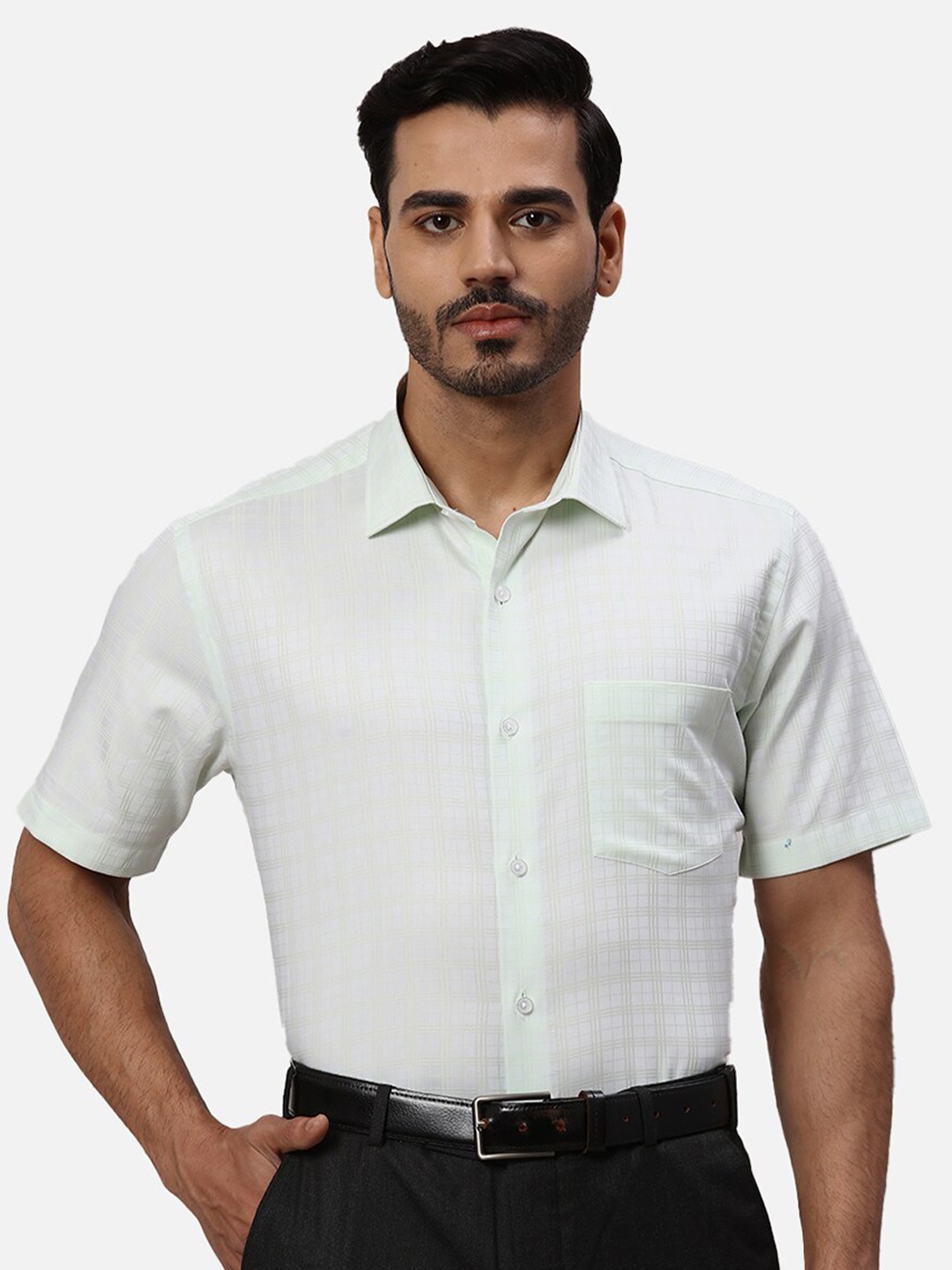 

Park Avenue Grid Tattersall Checks Checked Spread Collar Cotton Formal Shirt, Green