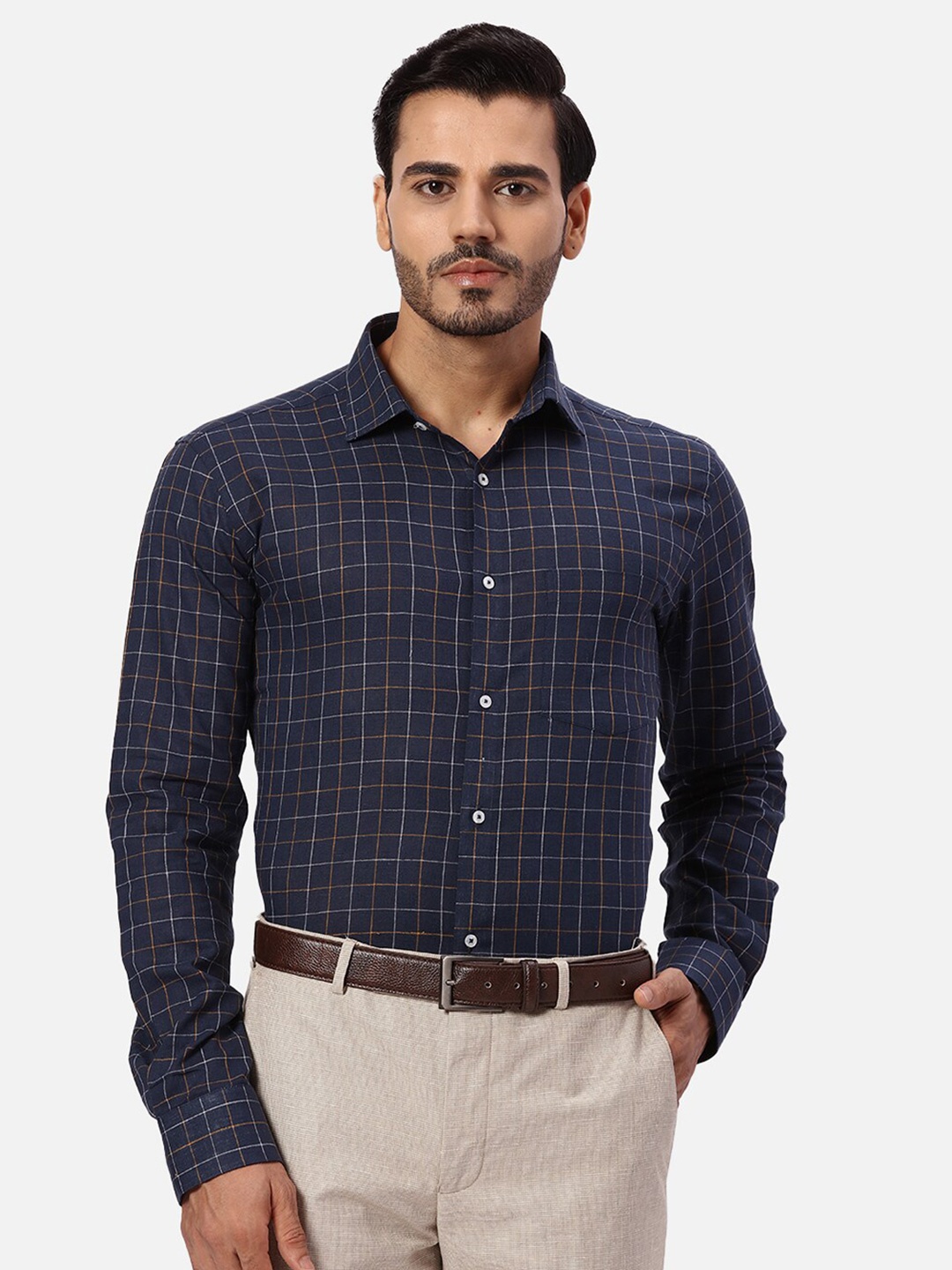 

Park Avenue Checked Cotton Linen Spread Collar Curved Formal Shirt, Blue