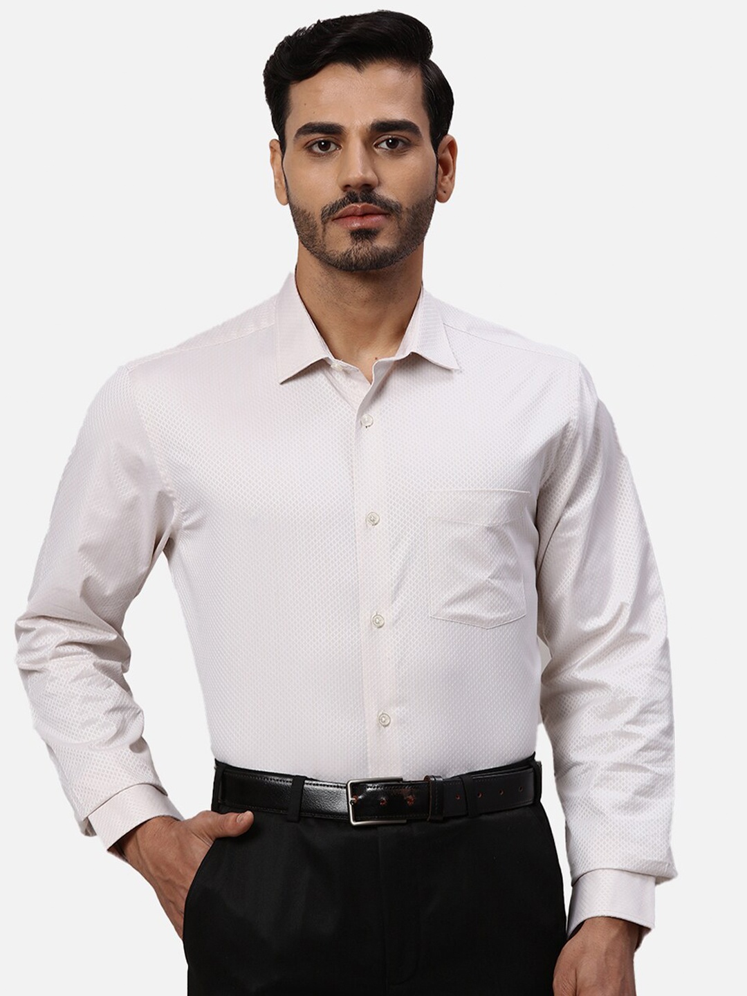 

Park Avenue Self Design Cotton Spread Collar Curved Formal Shirt, Beige