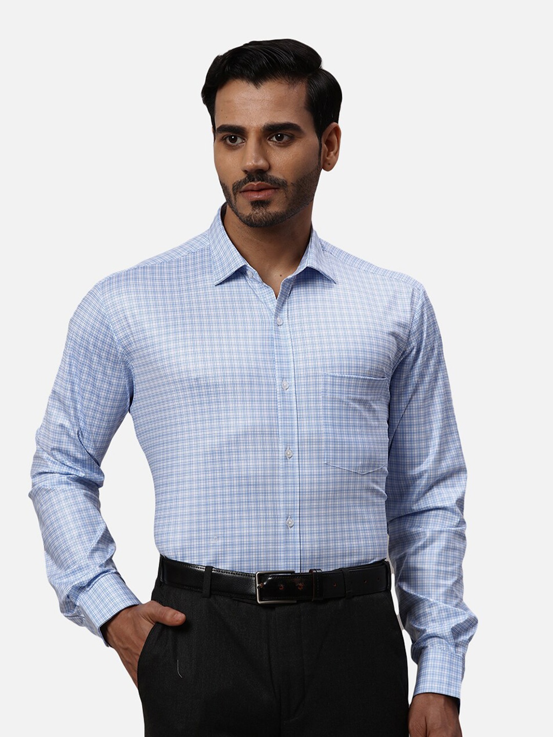 

Park Avenue Checked Spread Collar Slim Fit Curved Formal Shirt, Blue