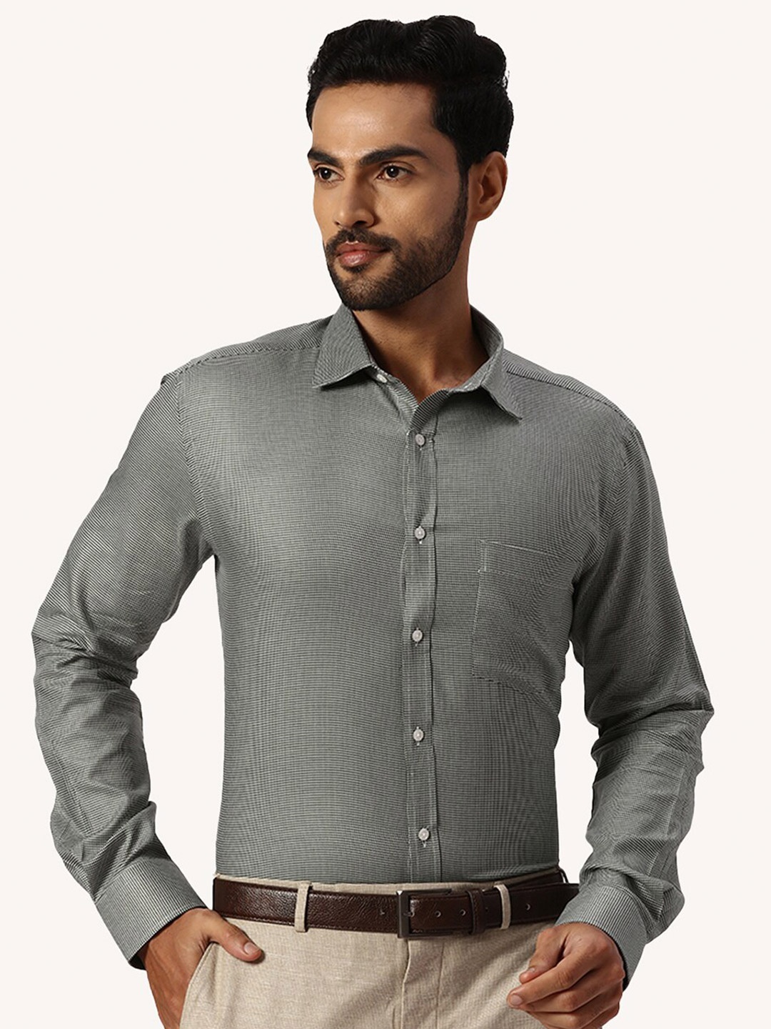 

Park Avenue Self Design Cotton Spread Collar Slim Fit Curved Formal Shirt, Green