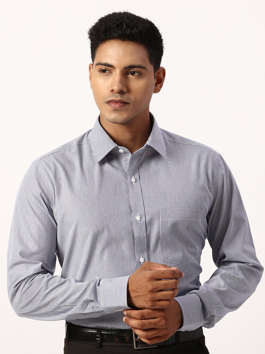 

Park Avenue Striped Cotton Spread Collar Curved Formal Shirt, Blue
