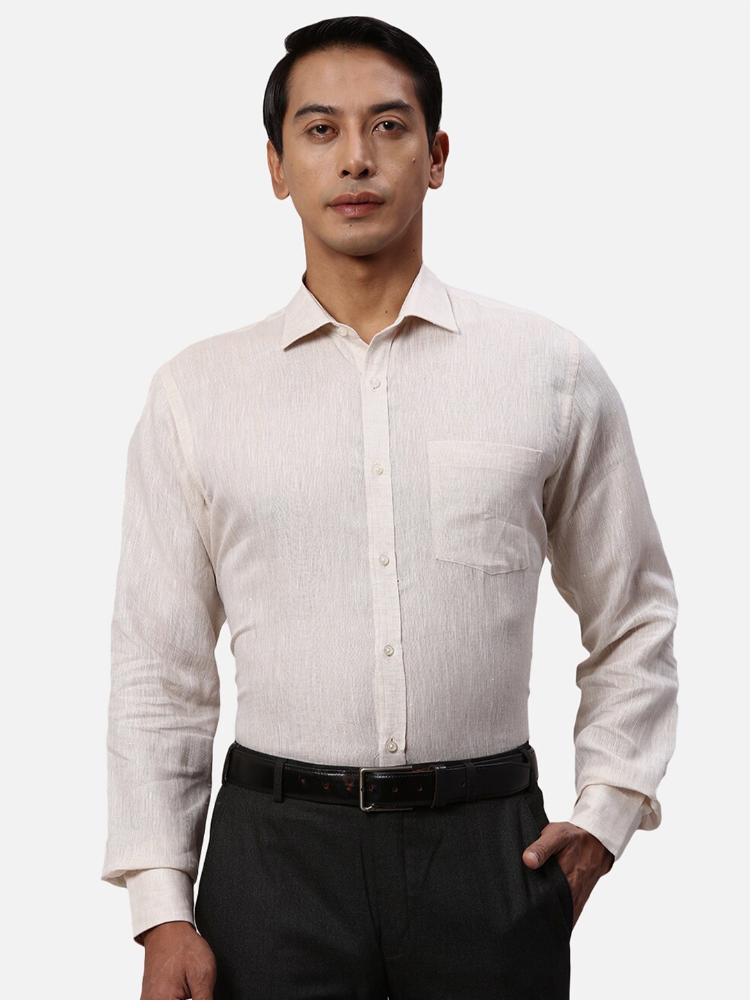 

Park Avenue Vertical Stripes Spread Collar Opaque Linen Formal Shirt, Beige