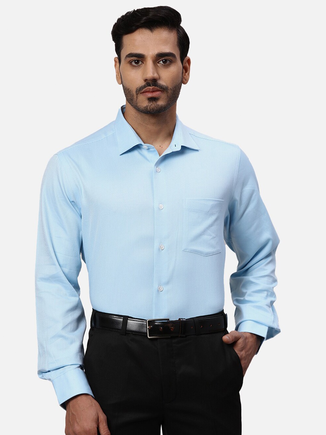 

Park Avenue Self Design Spread Collar Opaque Cotton Formal Shirt, Blue