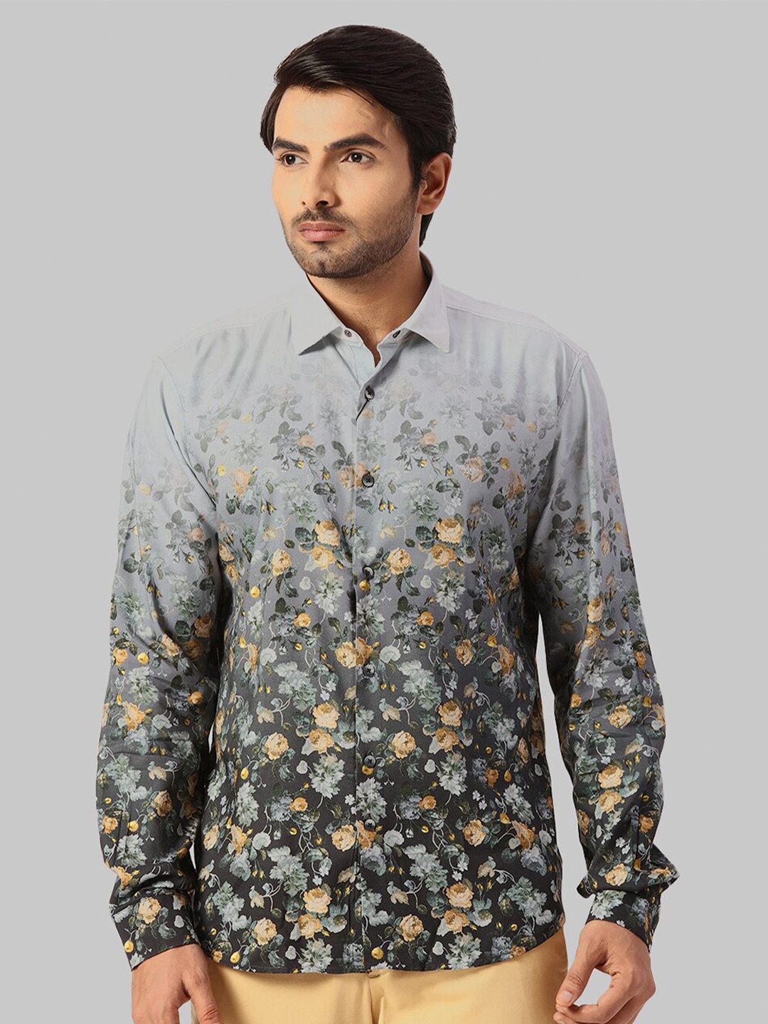 

Park Avenue Floral Printed Cotton Slim Fit Spread Collar Curved Casual Shirt, Grey