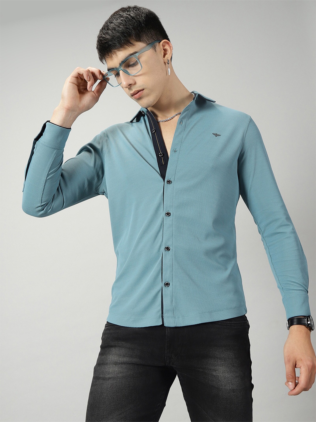 

STELLERS Spread Collar Classic Opaque Casual Shirt, Turquoise blue