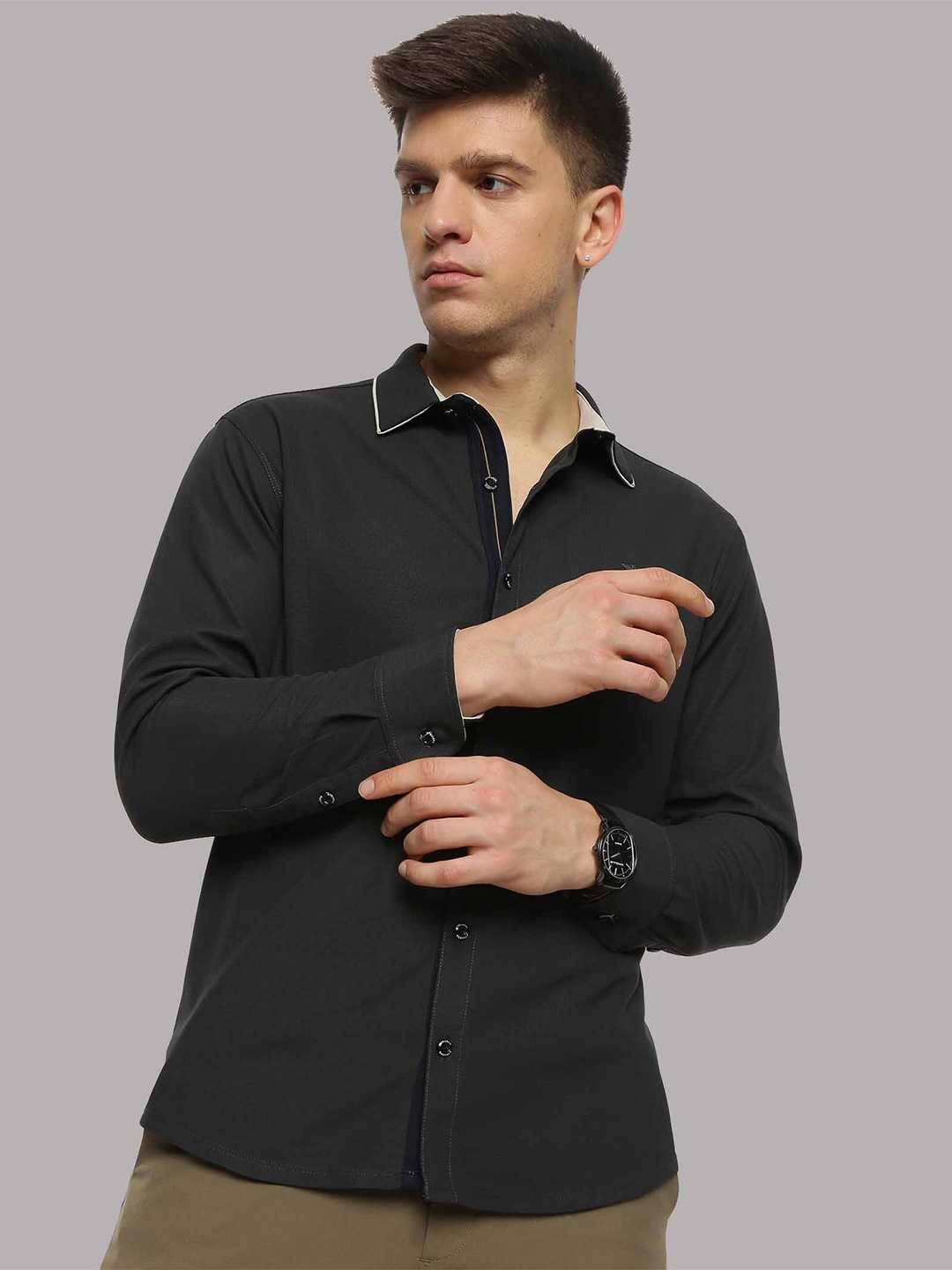 

STELLERS Contrast Collar Classic Opaque Casual Shirt, Grey