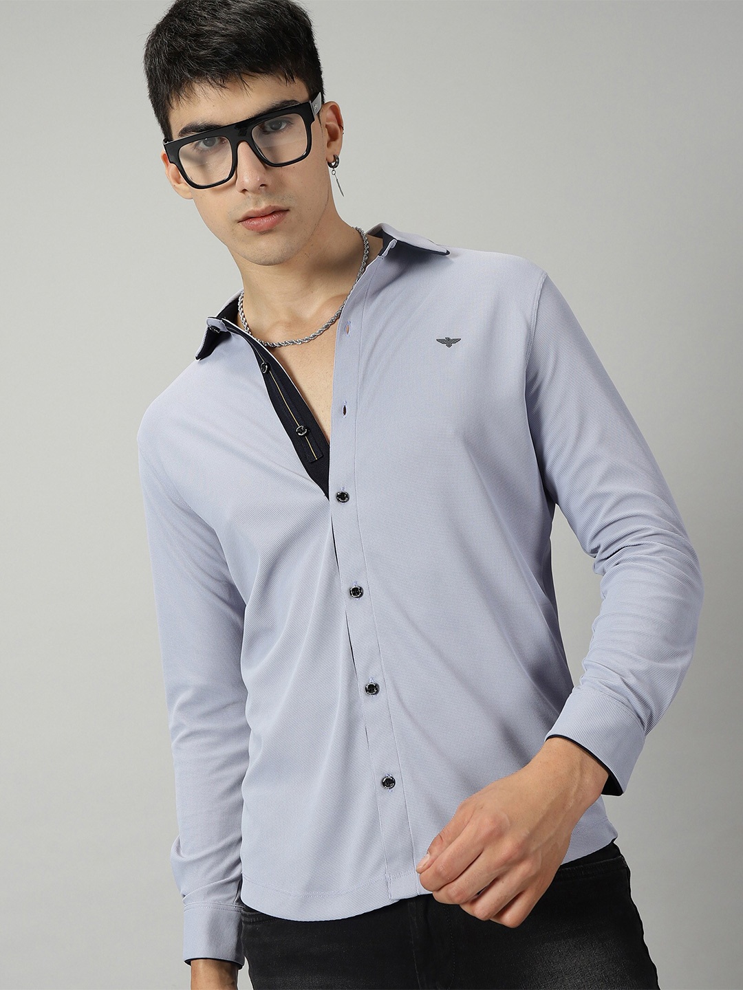 

STELLERS Contrast Collar Classic Opaque Casual Shirt, Blue