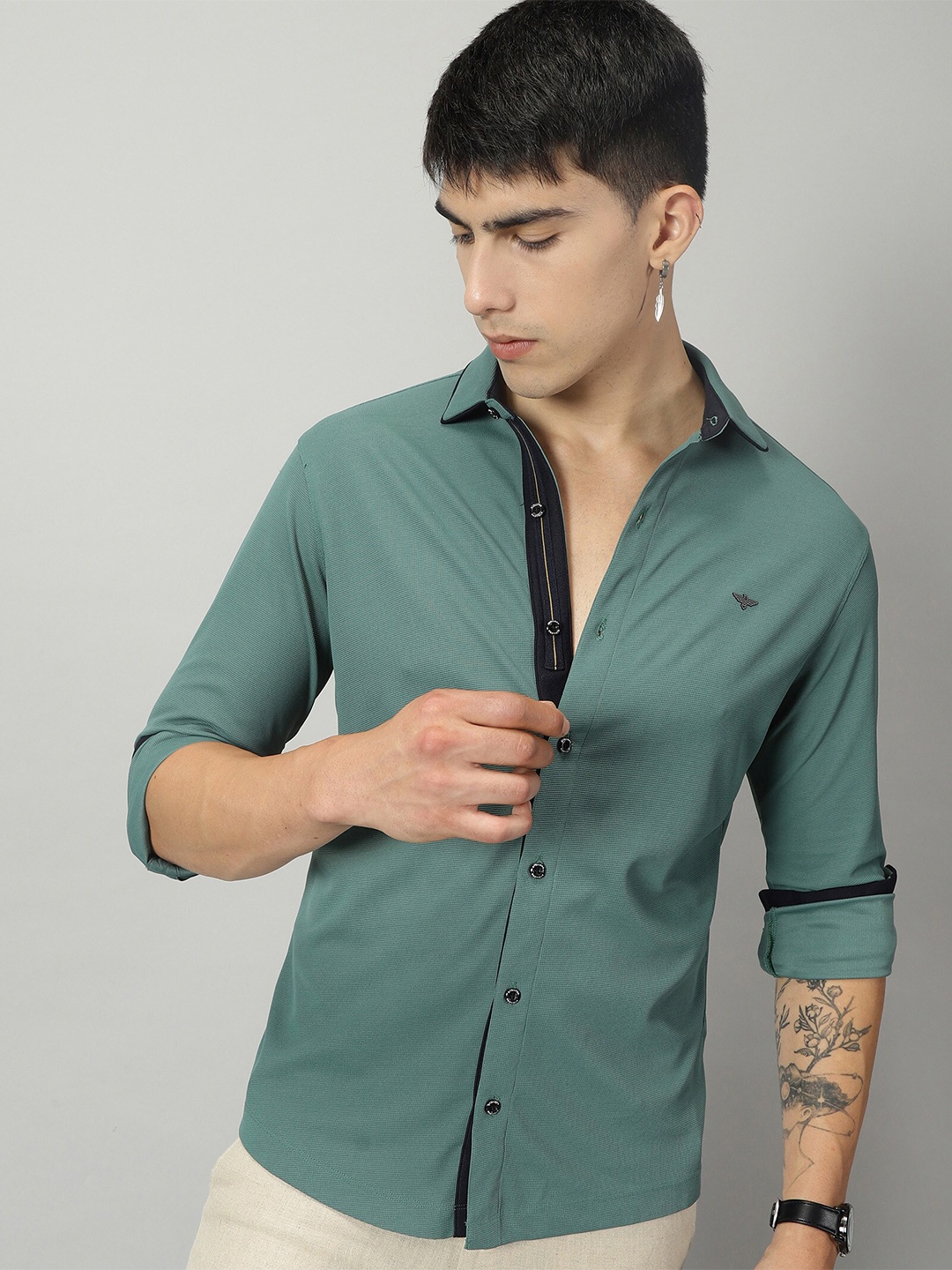 

STELLERS Contrast Collar Classic Opaque Casual Shirt, Green