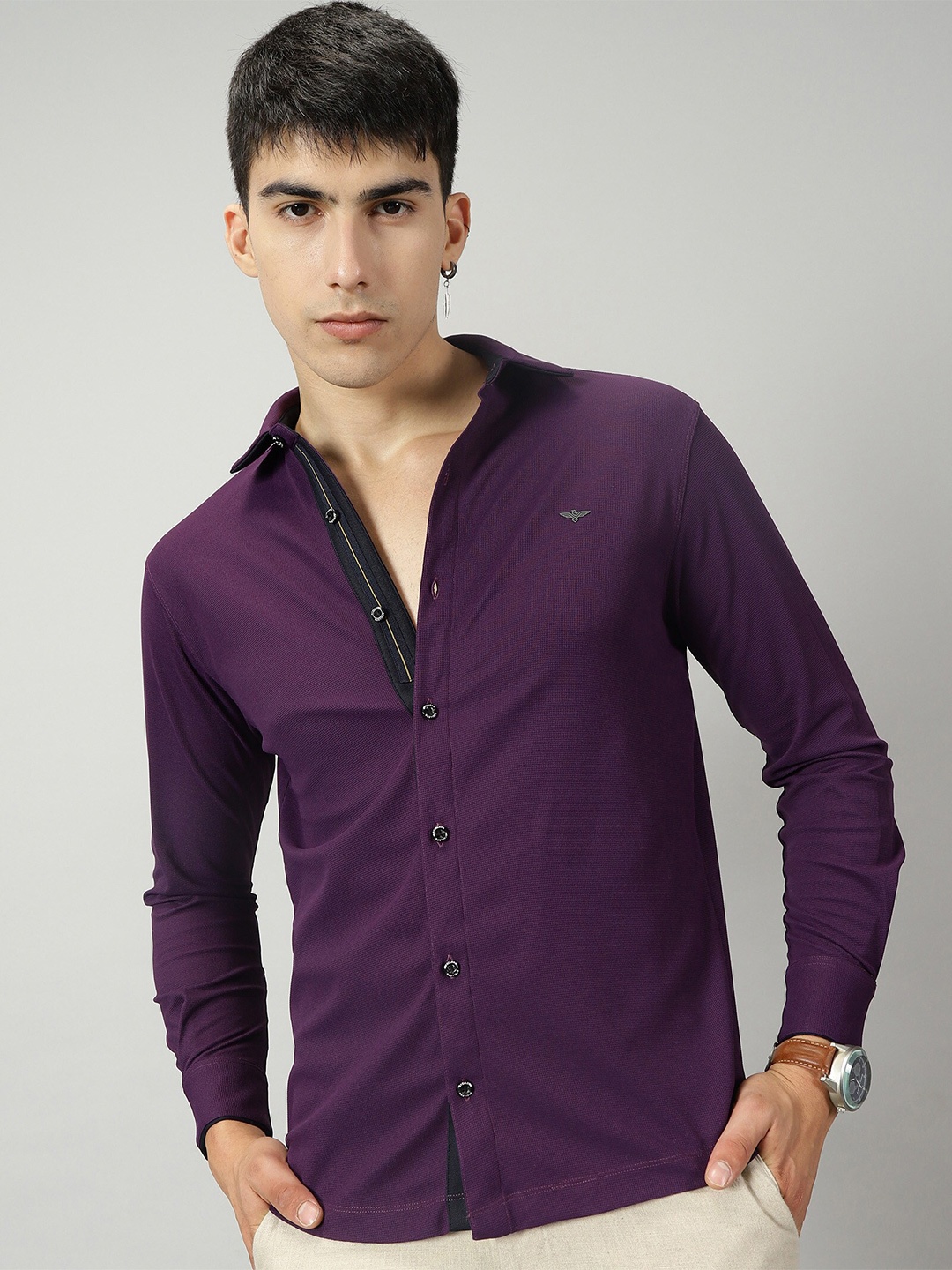 

STELLERS Contrast Collar Classic Opaque Casual Shirt, Purple