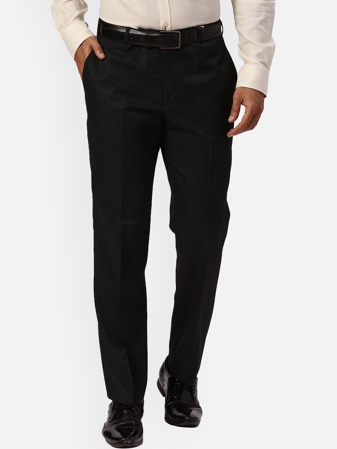

Park Avenue Men Smart Fit Striped Formal Trousers, Black