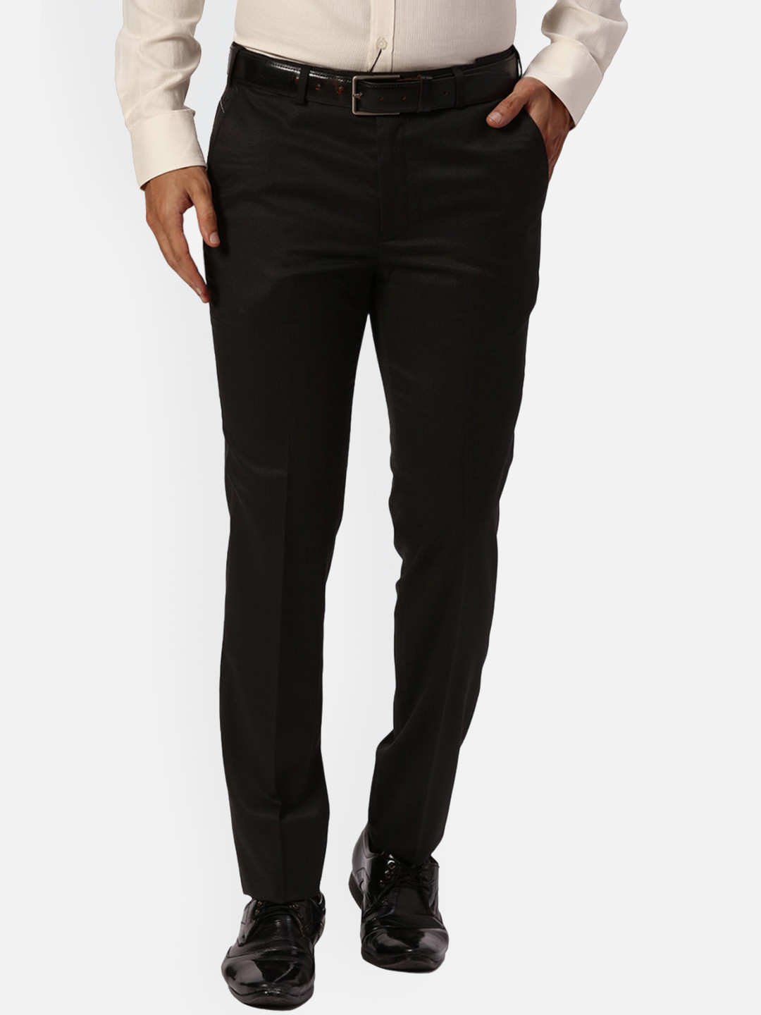 

Park Avenue Men Slim Fit Self Design Mid-Rise Formal Trousers, Black