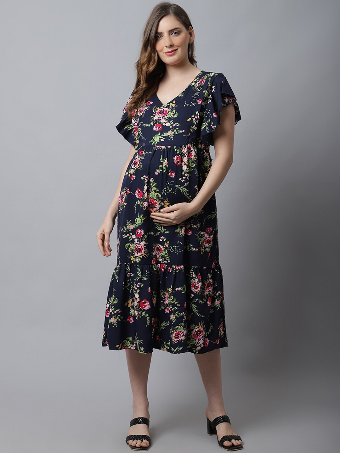 

Frempy Floral Printed Flutter Sleeve Crepe Maternity Empire Midi Dress, Navy blue