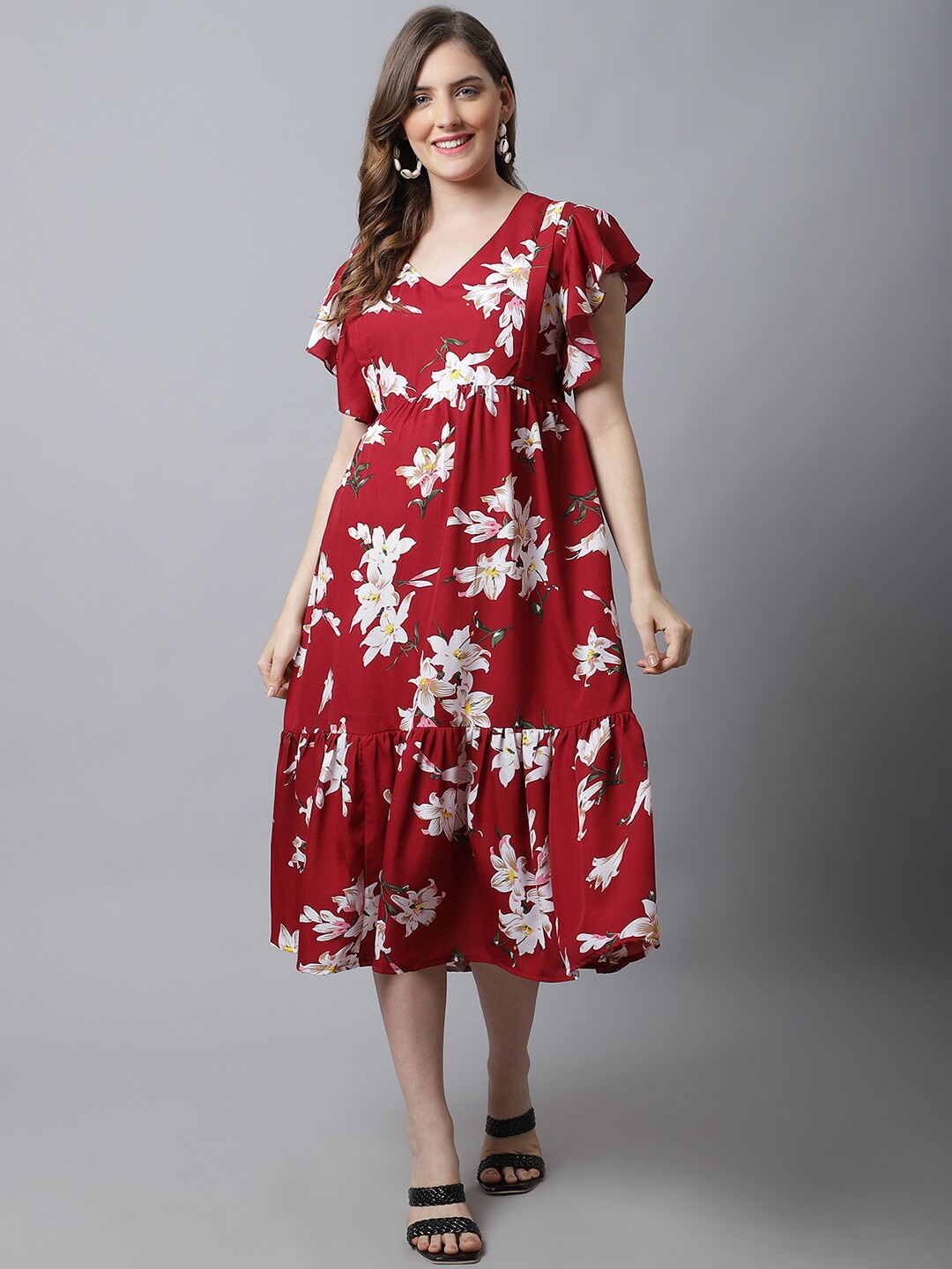 

Frempy Floral Printed Flutter Sleeve Crepe Maternity Empire Midi Dress, Red