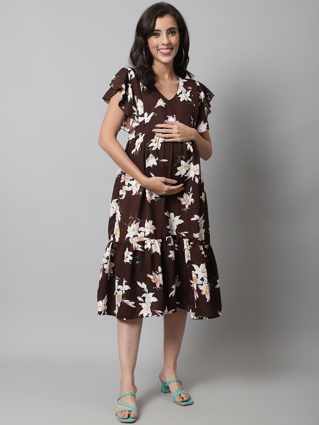

Frempy Floral Printed Flutter Sleeve Crepe Maternity Empire Midi Dress, Brown