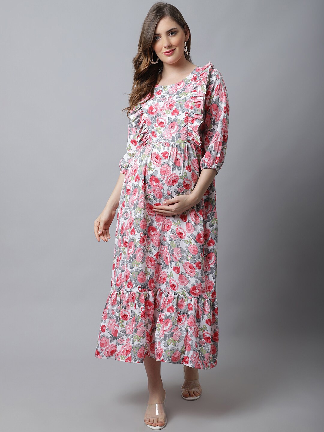 

Frempy Floral Print Cuffed Sleeve Ruffled Crepe Maternity A-Line Midi Dress, Pink
