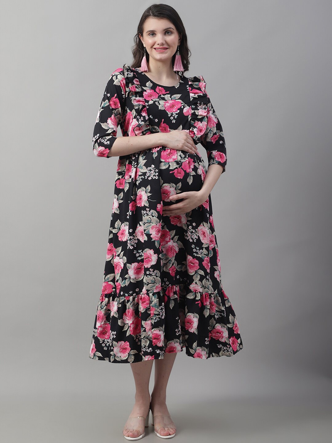 

Frempy Floral Printed Ruffled Crepe Maternity Fit & Flare Midi Dress, Navy blue