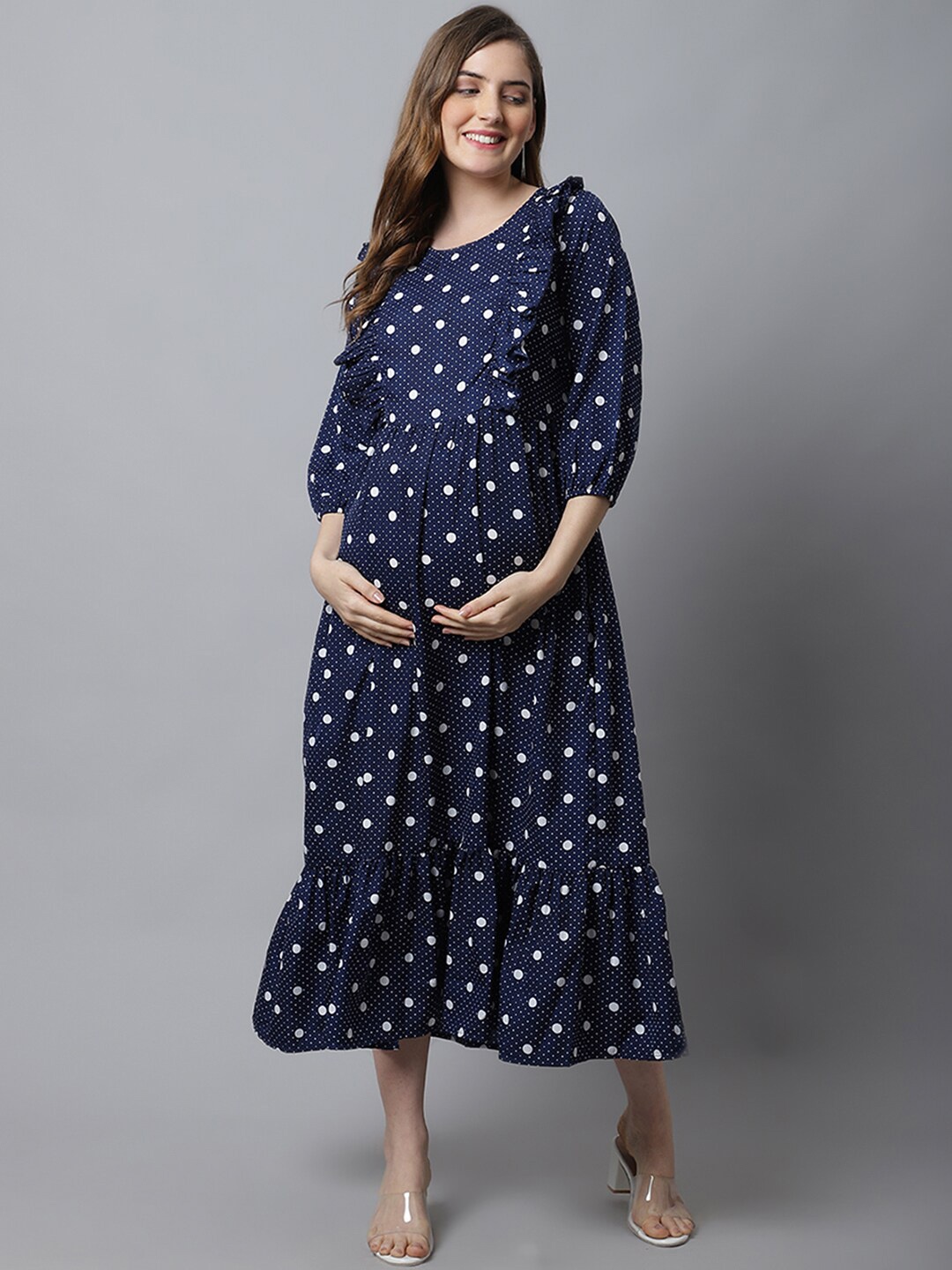 

Frempy Polka Dot Print Ruffled Crepe Maternity A-Line Midi Dress, Navy blue