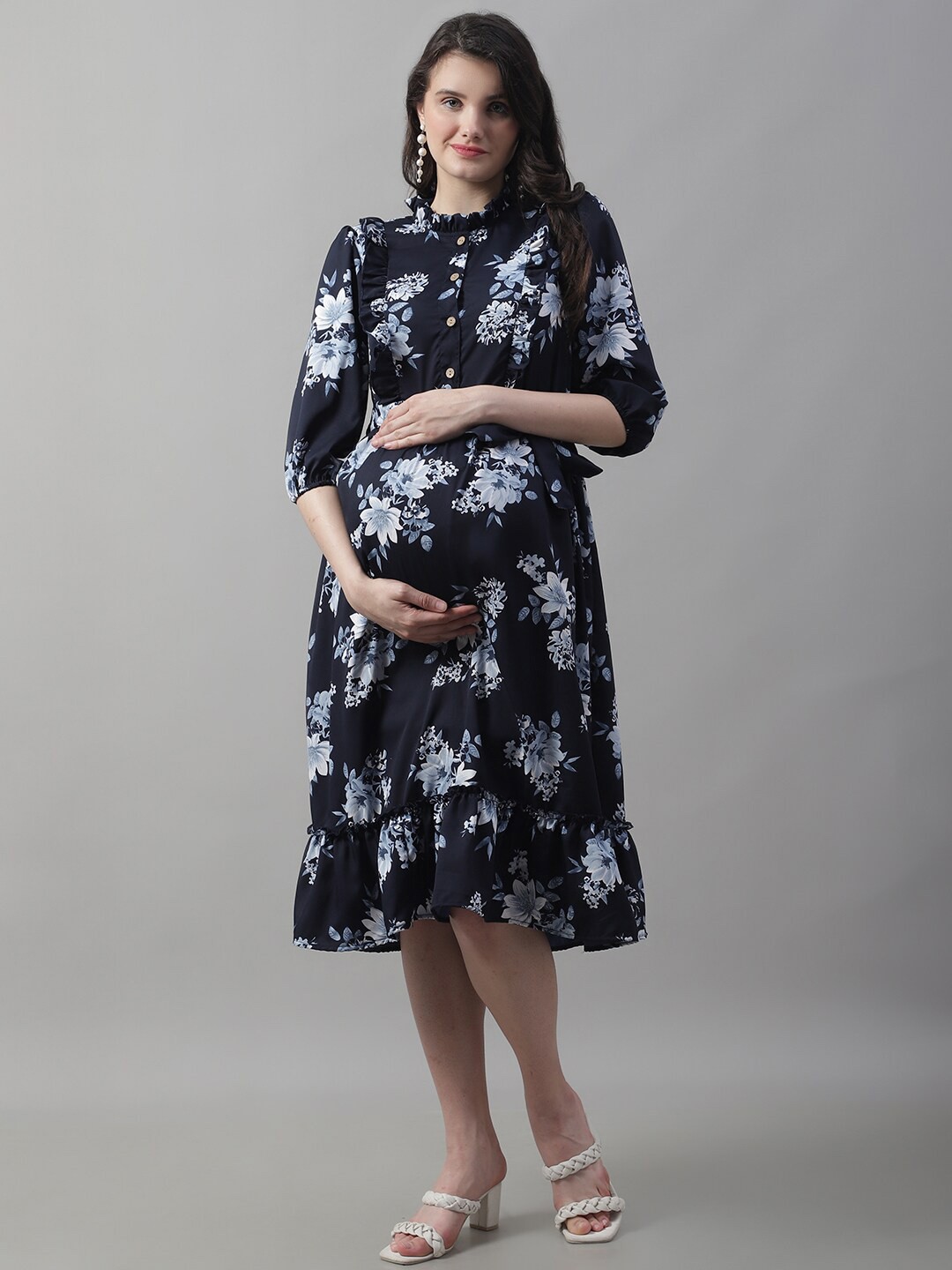 

Frempy Floral Printed Crepe Maternity A-Line Midi Dress, Navy blue