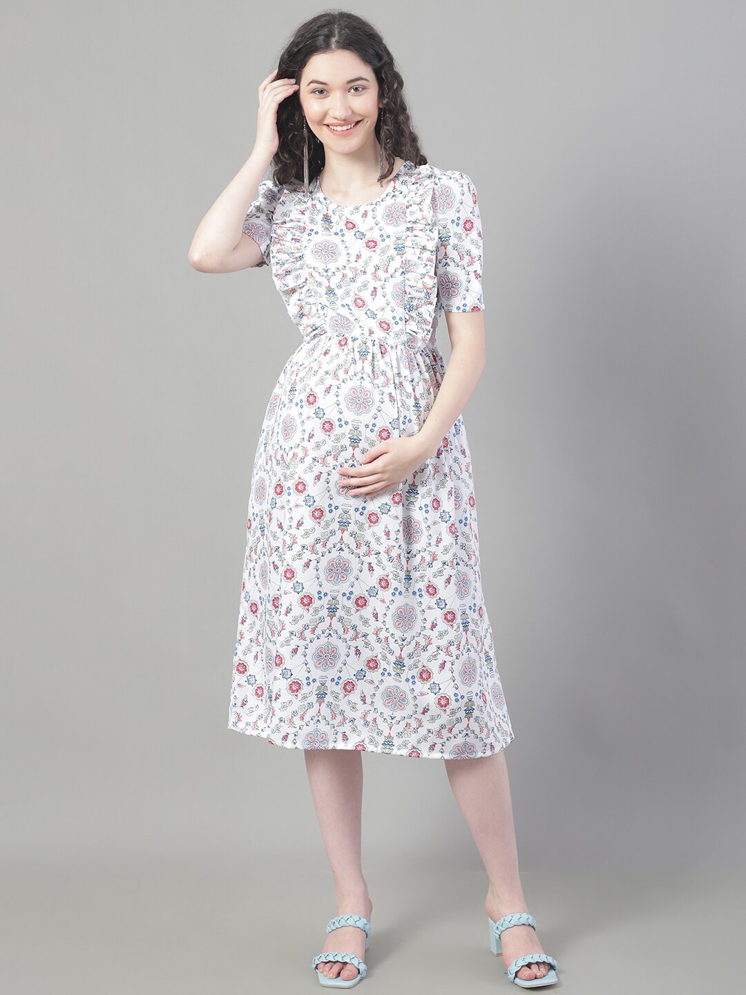 

Frempy Floral Printed Crepe Maternity Fit & Flare Midi Dress, White