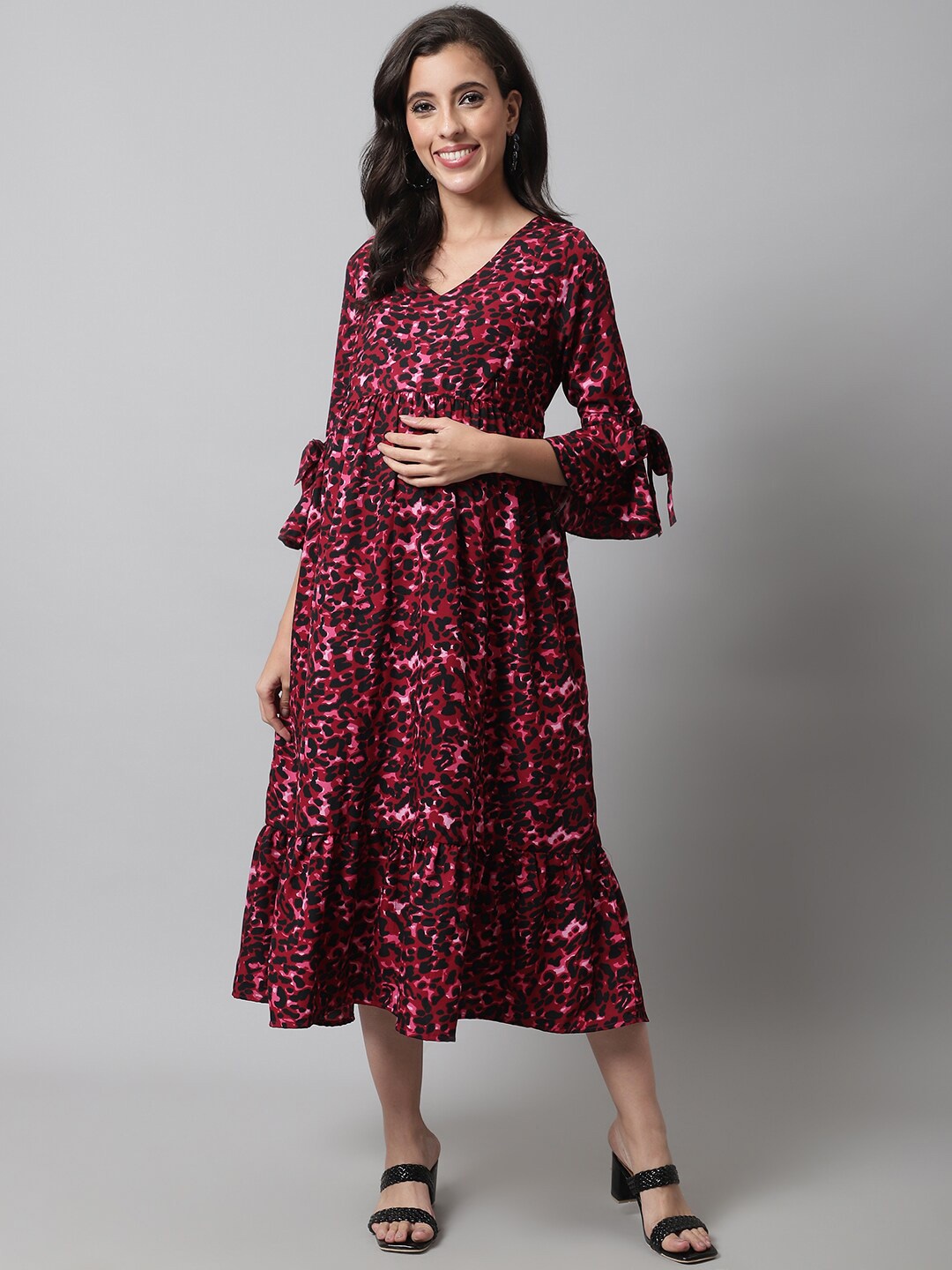 

Frempy Floral Print Bell Sleeve Ruffled Crepe Maternity Fit & Flare Midi Dress, Maroon