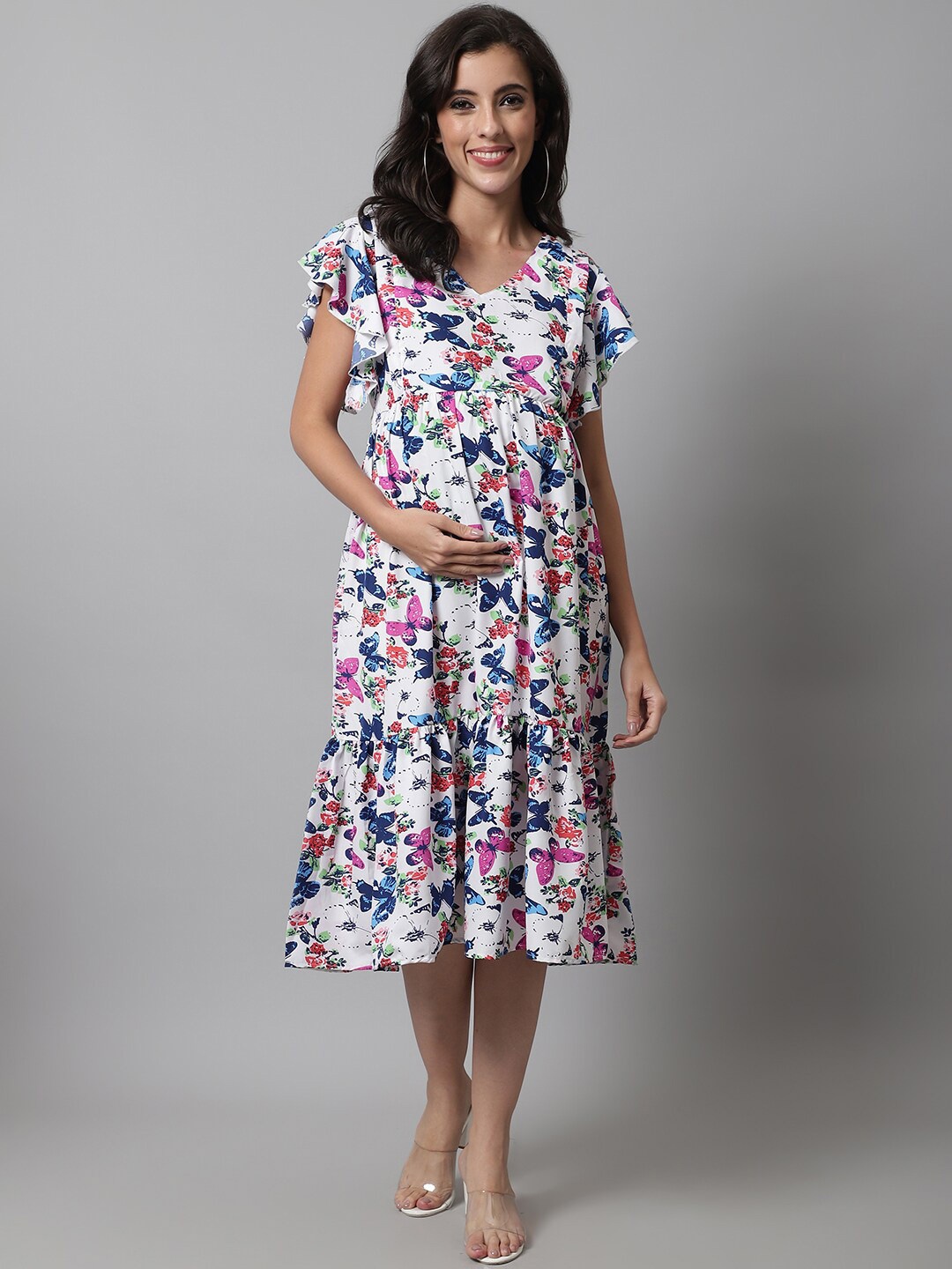 

Frempy Floral Print Crepe Maternity Fit & Flare Midi Dress, White