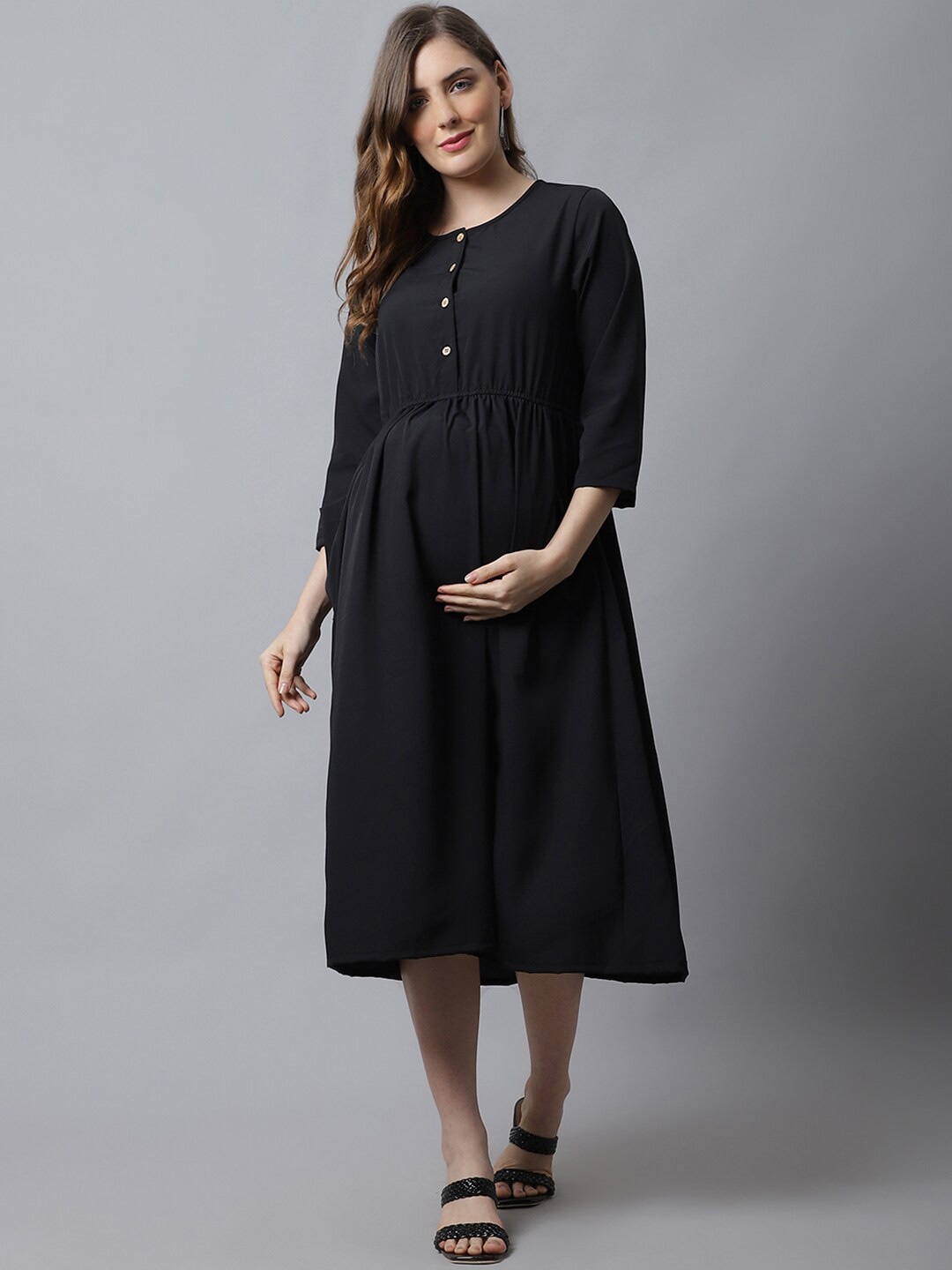 

Frempy Round Neck Crepe Maternity A-Line Midi Dress, Black