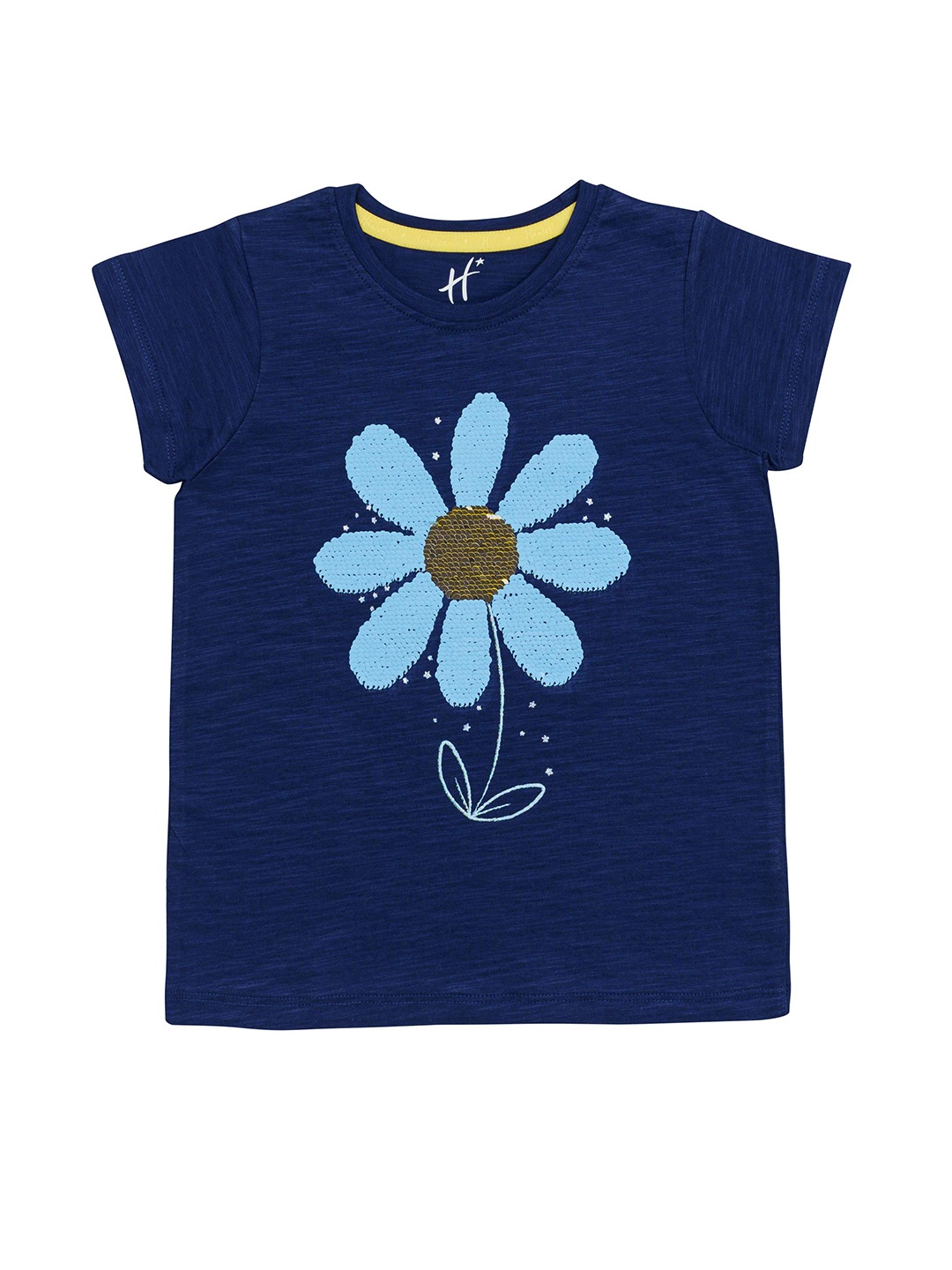 

H By Hamleys Girls Floral Printed Drop-Shoulder Sleeves Cotton T-shirt, Blue