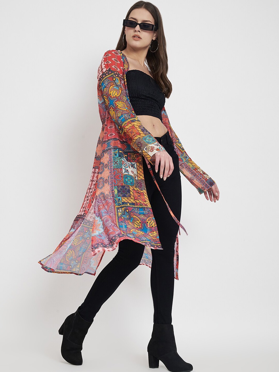 

CHARMGAL Printed Longline Tie-Up Shrug, Red