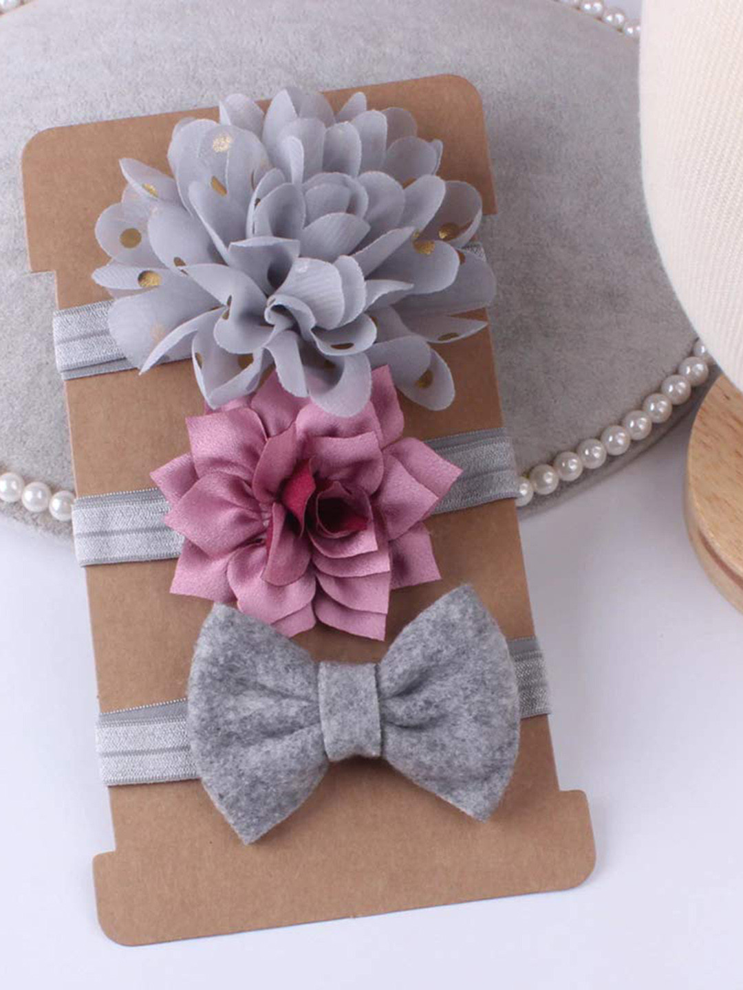 

SYGA Infant Girls Pack Of 3 Cotton Flower Headbands, Grey