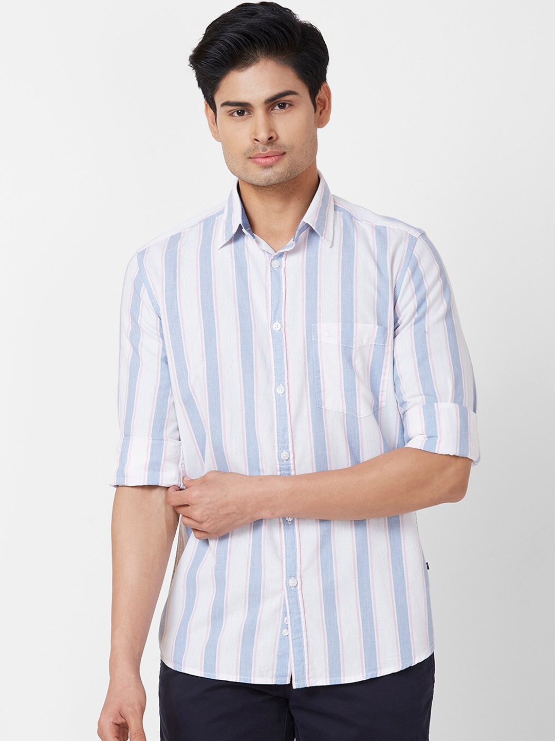 

Parx Slim Fit Striped Printed Cotton Casual Shirt, Blue