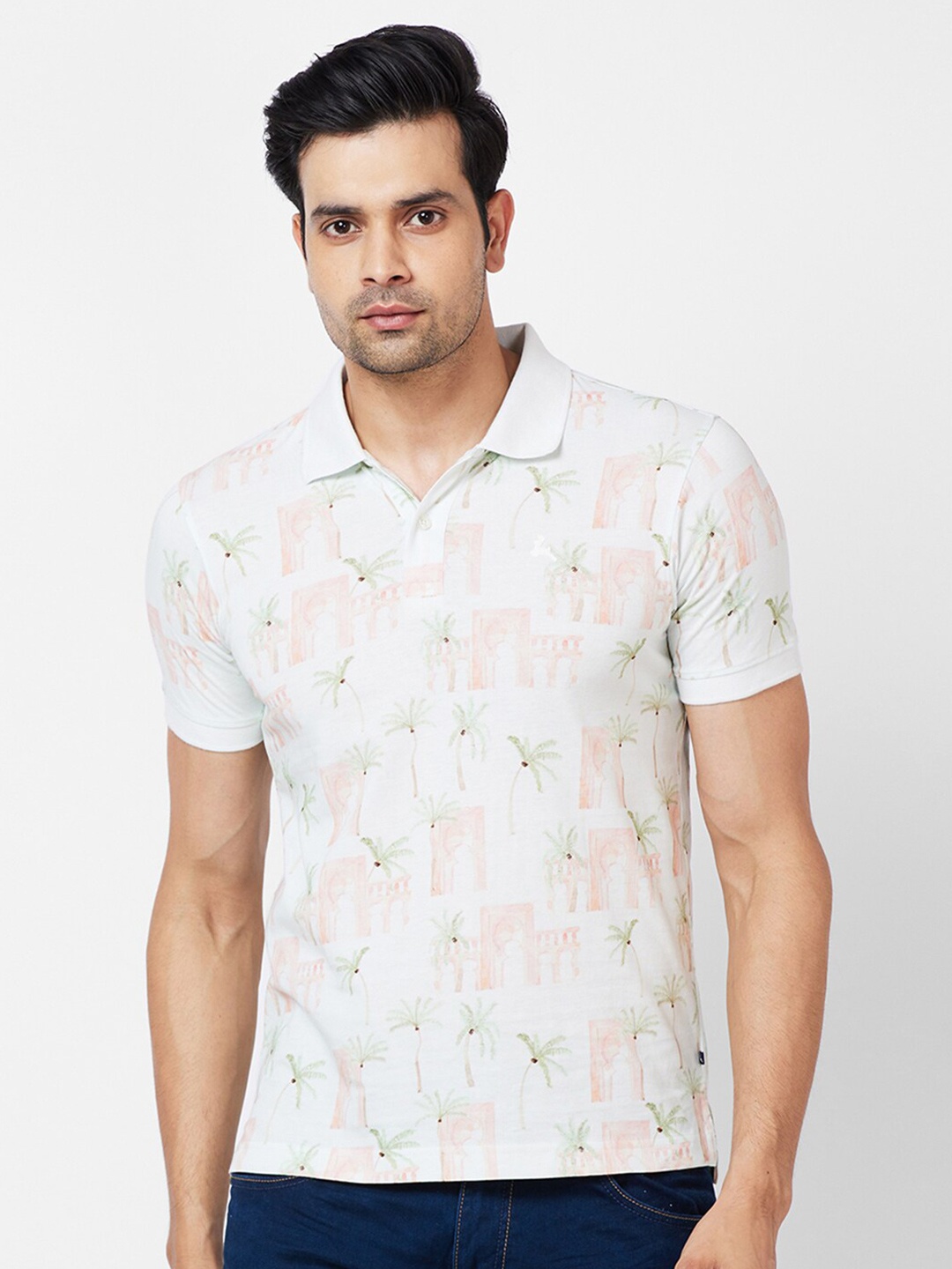 

Parx Geometric Printed Polo Collar Cotton T-shirt, White