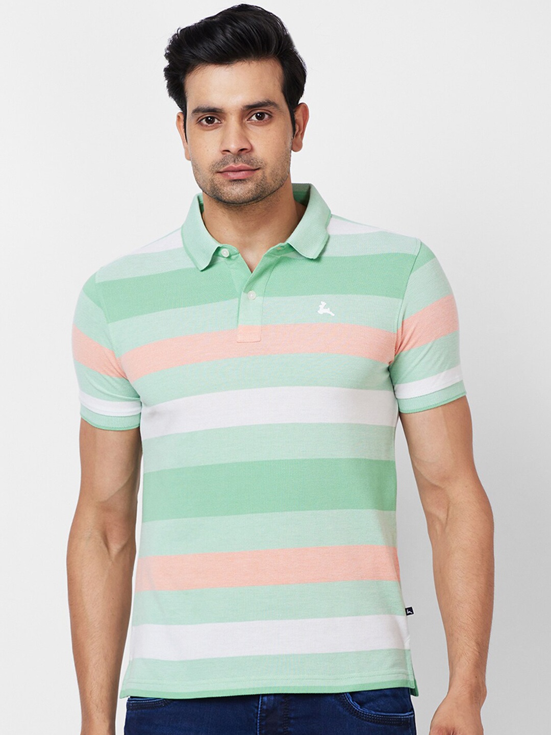 

Parx Striped Polo Collar Cotton T-shirt, Green