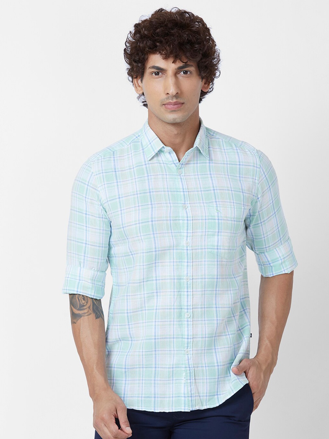 

Parx Slim Fit Tartan Checked Spread Collar Long Sleeves Cotton Casual Shirt, Green