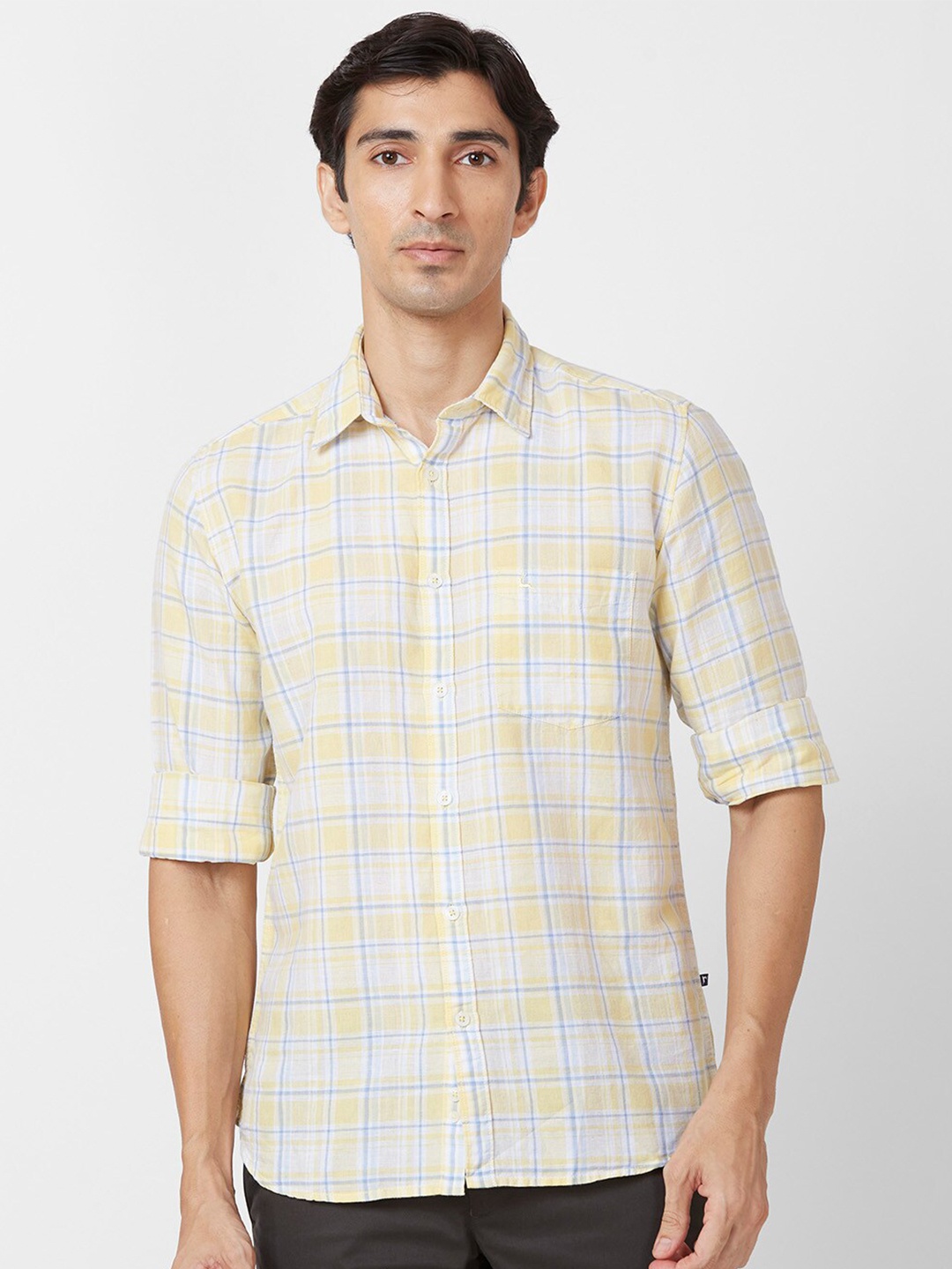 

Parx Slim Fit Checked Spread Collar Long Sleeves Cotton Casual Shirt, Yellow