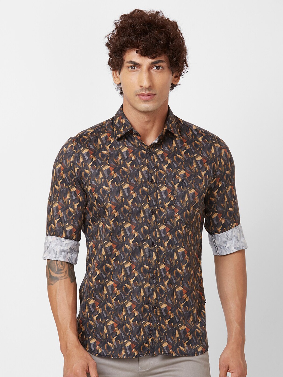 

Parx Slim Fit Floral Printed Spread Collar Long Sleeves Cotton Casual Shirt, Brown