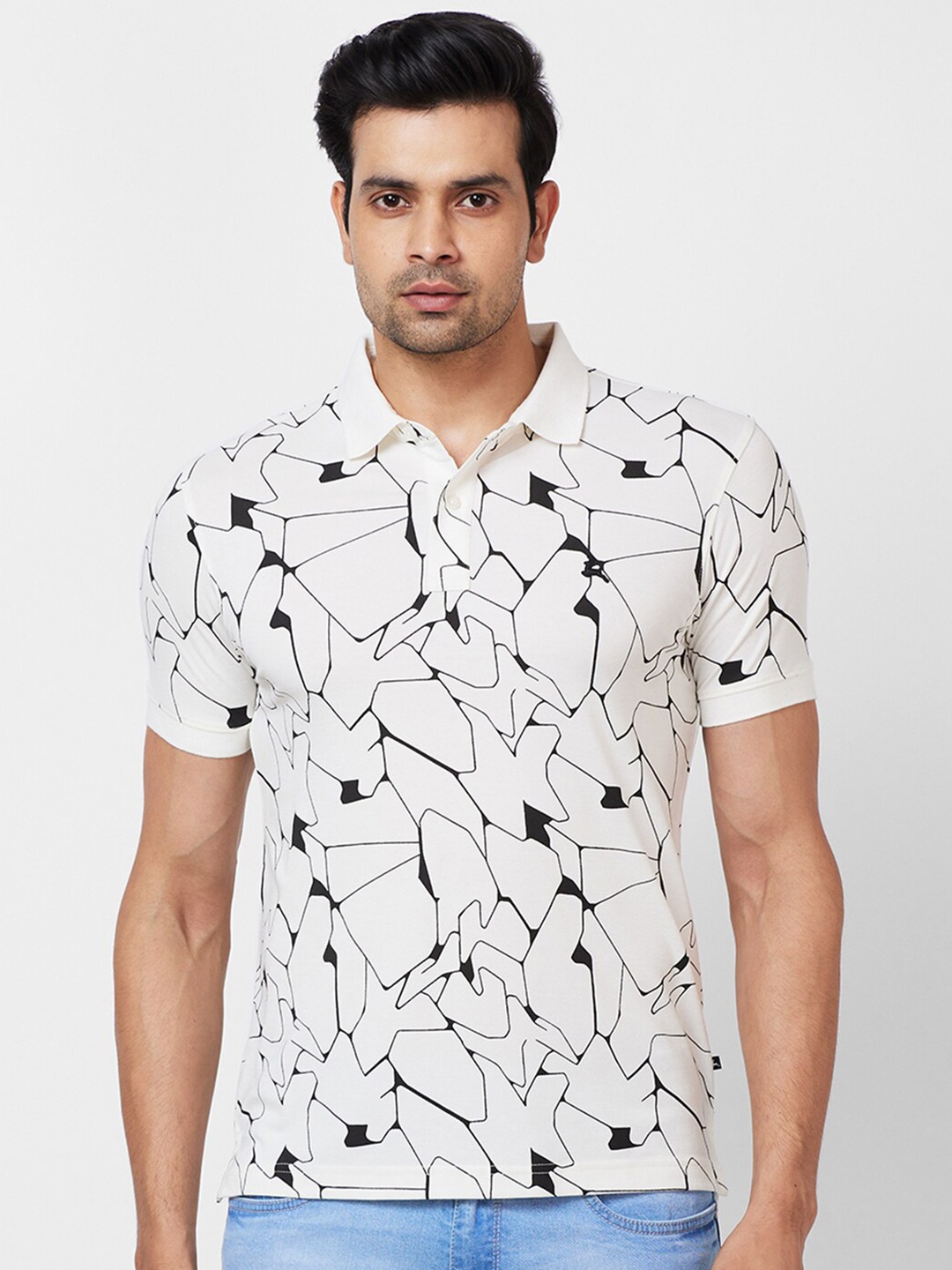 

Parx Geometric Printed Polo Collar T-shirt, White