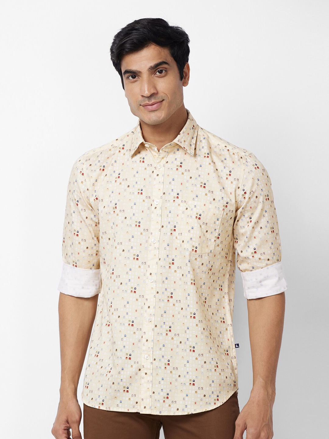 

Parx Slim Fit Floral Printed Spread Collar Long Sleeves Cotton Casual Shirt, Yellow
