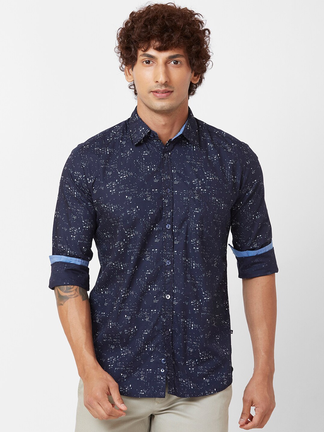 

Parx Slim Fit Printed Spread Collar Long Sleeves Cotton Casual Shirt, Blue