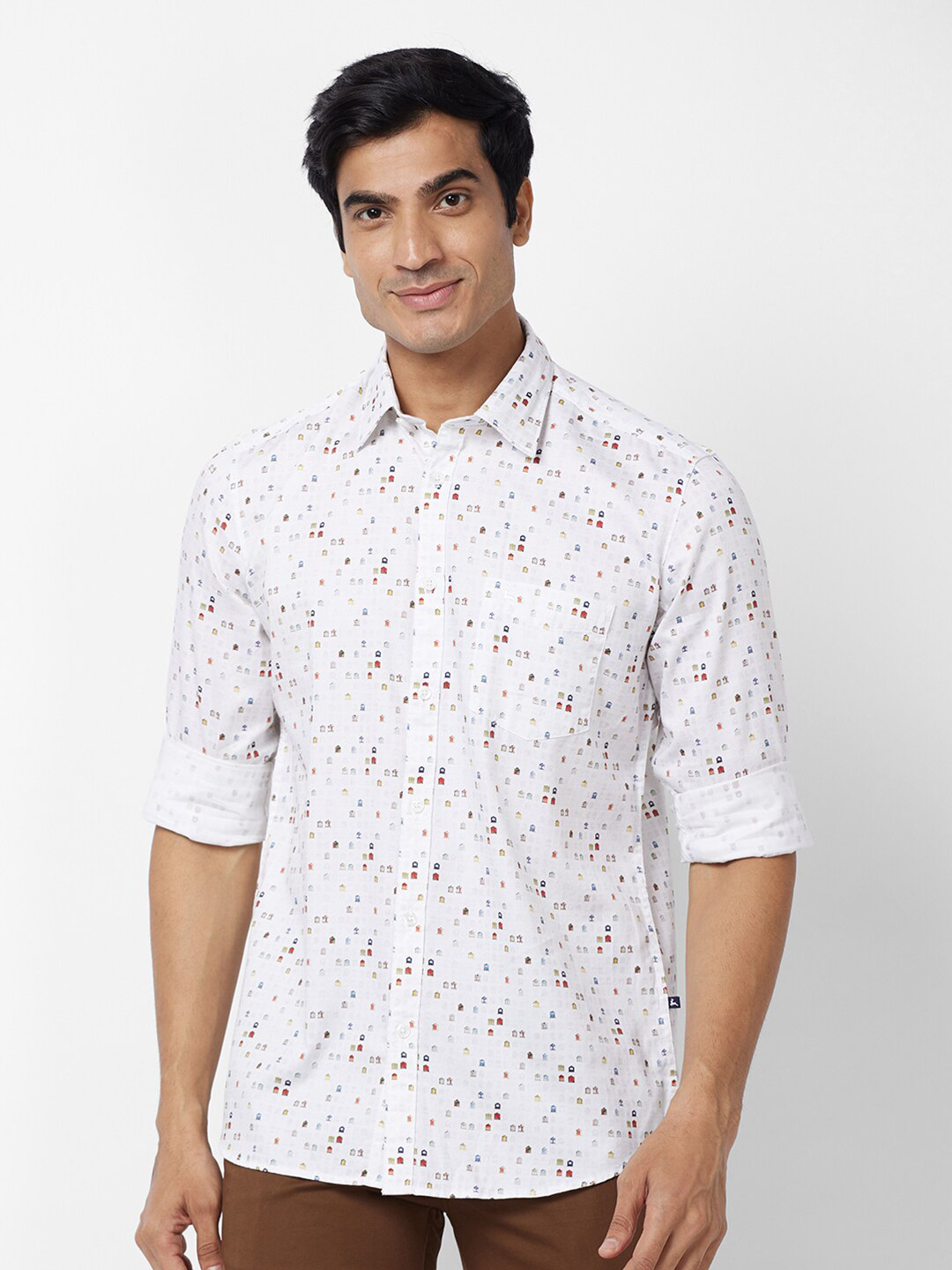 

Parx Slim Fit Floral Printed Spread Collar Long Sleeves Cotton Casual Shirt, White