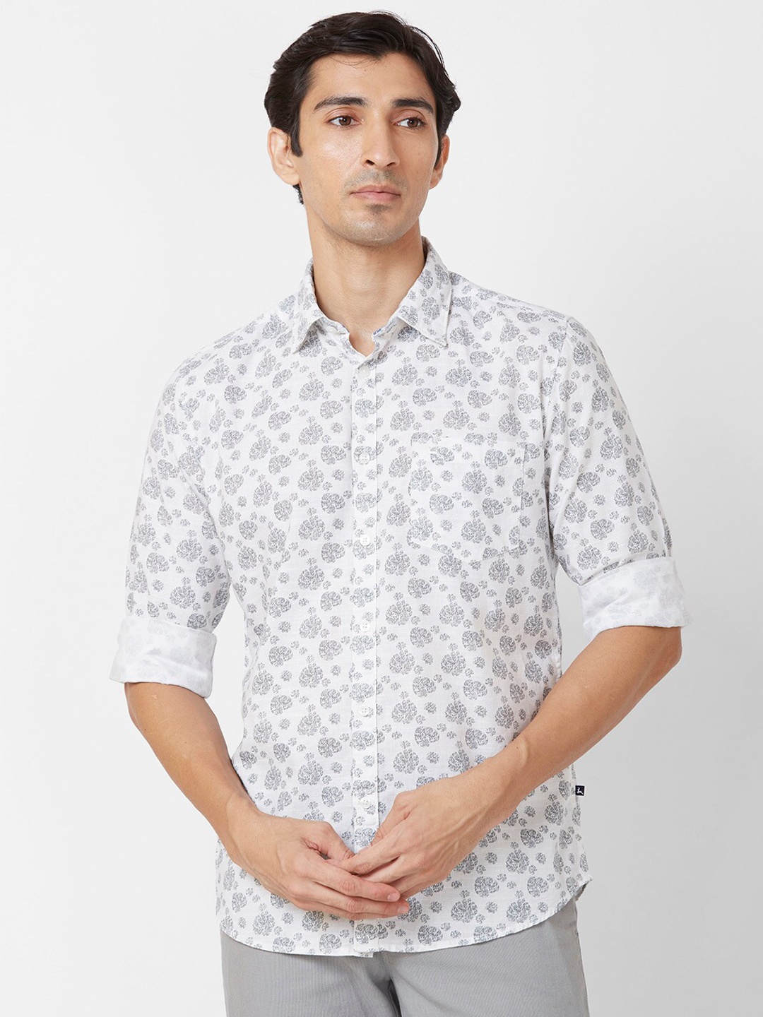 

Parx Slim Fit Floral Printed Spread Collar Long Sleeves Cotton Casual Shirt, White