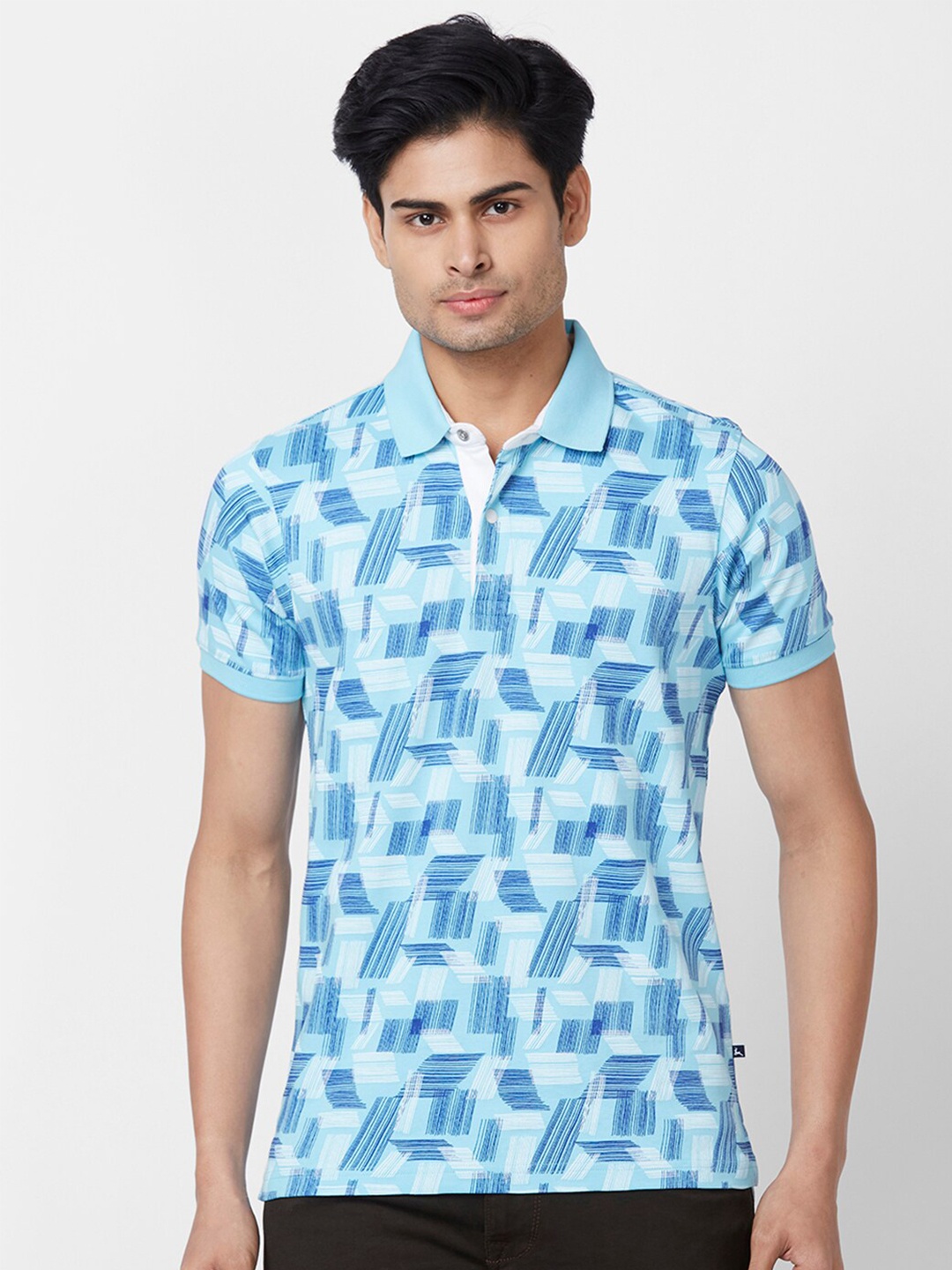 

Parx Geometric Printed Polo Collar Cotton T-shirt, Blue