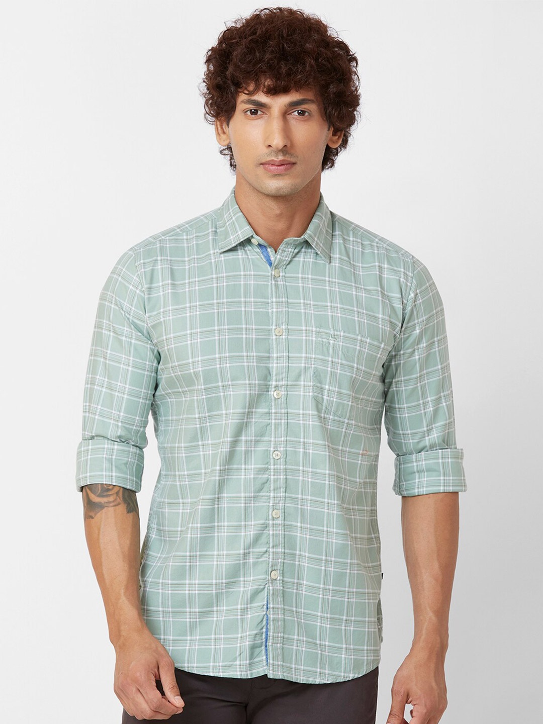 

Parx Slim Fit Checked Cotton Casual Shirt, Green